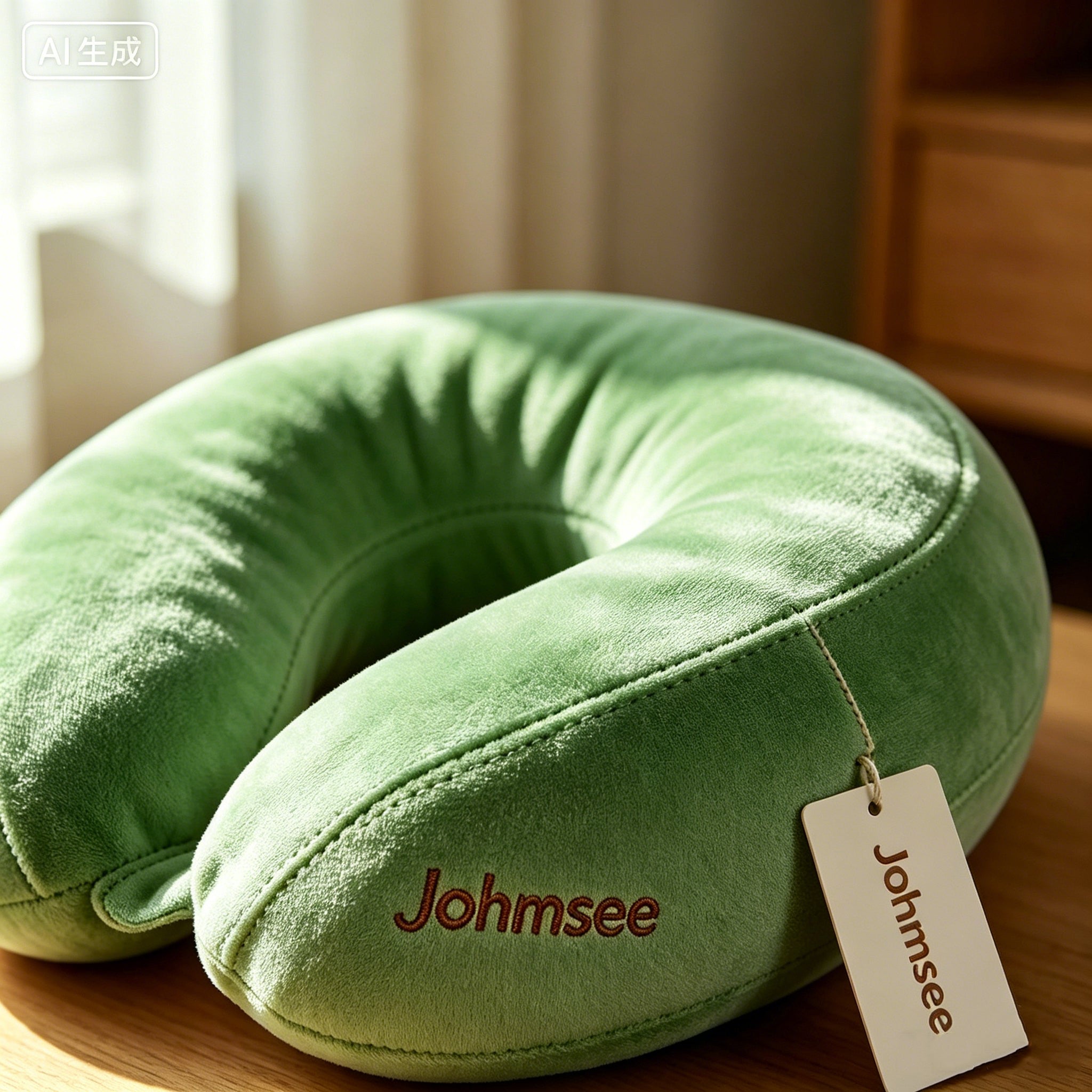 Johmsee Classic Memory Foam Green Neck Pillow, Soft Plush Breathable Travel Pillow, Ergonomic Support Headrest for Airplane, Car, Office Napping, Lightweight Portable Neck Cushion with Hang Tag