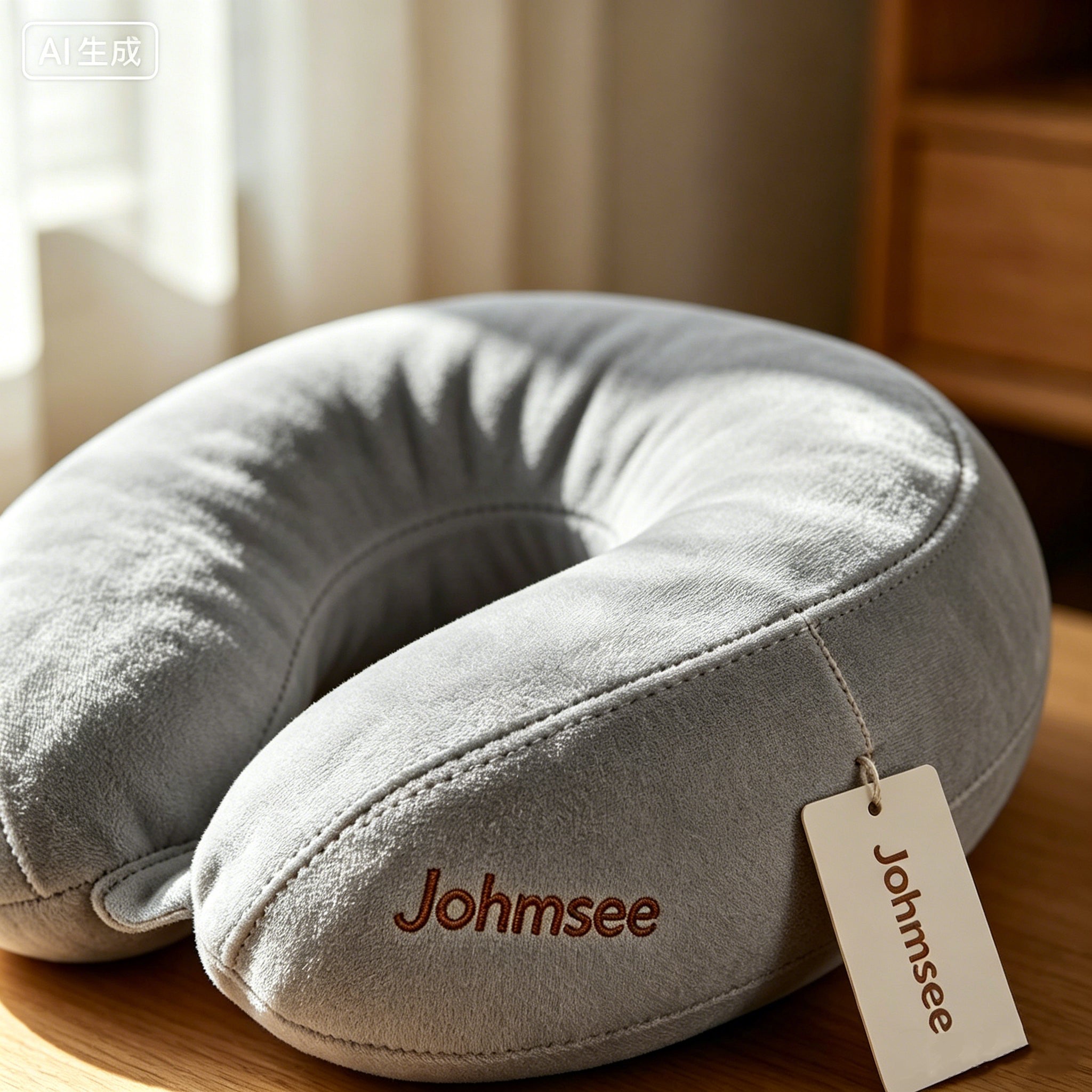 Johmsee Classic Memory Foam Gray Neck Pillow, Soft Plush Breathable Travel Pillow, Ergonomic Support Headrest for Airplane, Car, Office Napping, Lightweight Portable Neck Cushion with Hang Tag