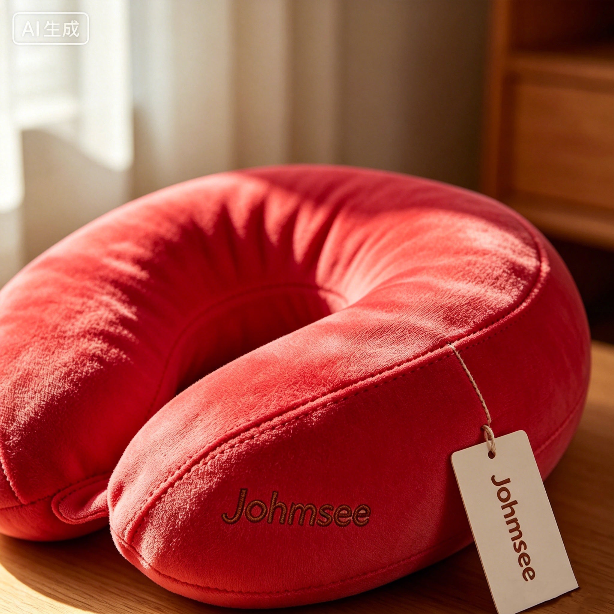 Johmsee Classic Memory Foam Red Neck Pillow, Soft Plush Breathable Travel Pillow, Ergonomic Support Headrest for Airplane, Car, Office Napping, Lightweight Portable Neck Cushion with Hang Tag