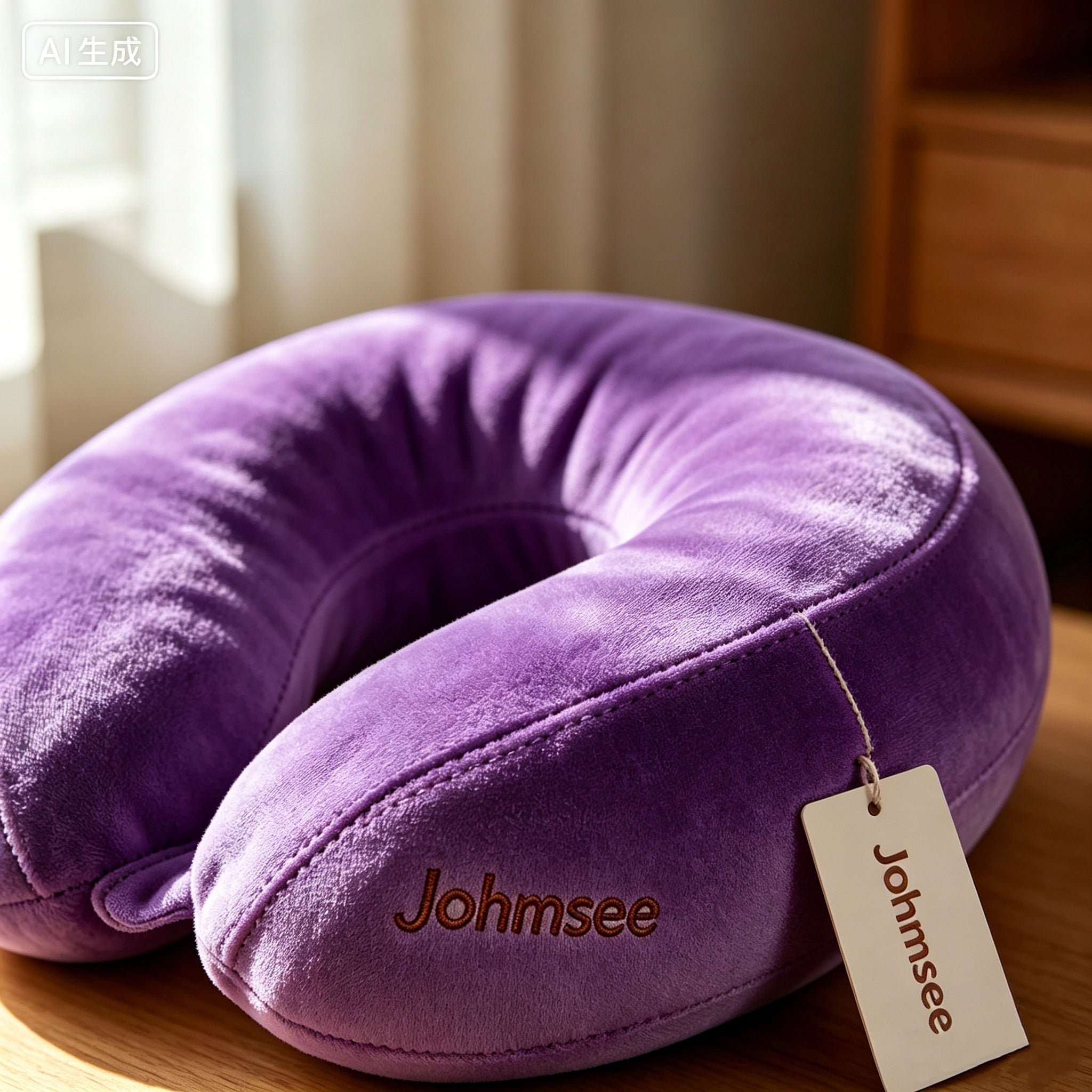 Johmsee Classic Memory Foam Purple Neck Pillow, Soft Plush Breathable Travel Pillow, Ergonomic Support Headrest for Airplane, Car, Office Napping, Lightweight Portable Neck Cushion with Hang Tag