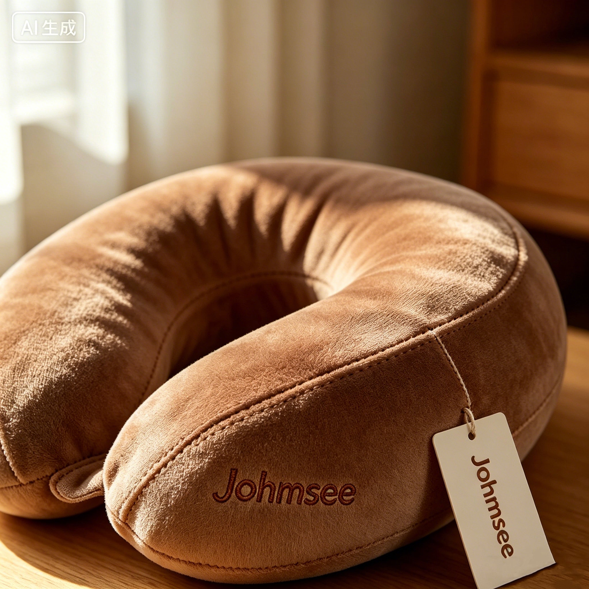 Johmsee Classic Memory Foam Brown Neck Pillow, Soft Plush Breathable Travel Pillow, Ergonomic Support Headrest for Airplane, Car, Office Napping, Lightweight Portable Neck Cushion with Hang Tag