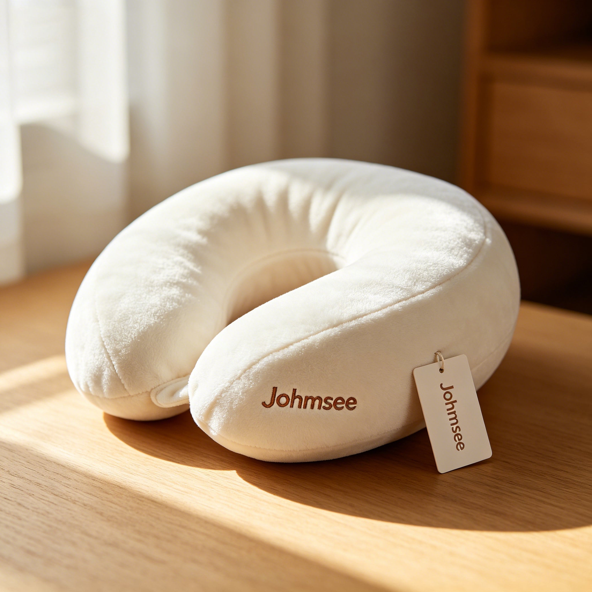 Johmsee Classic Memory Foam White Neck Pillow, Soft Plush Breathable Travel Pillow, Ergonomic Support Headrest for Airplane, Car, Office Napping, Lightweight Portable Neck Cushion with Hang Tag