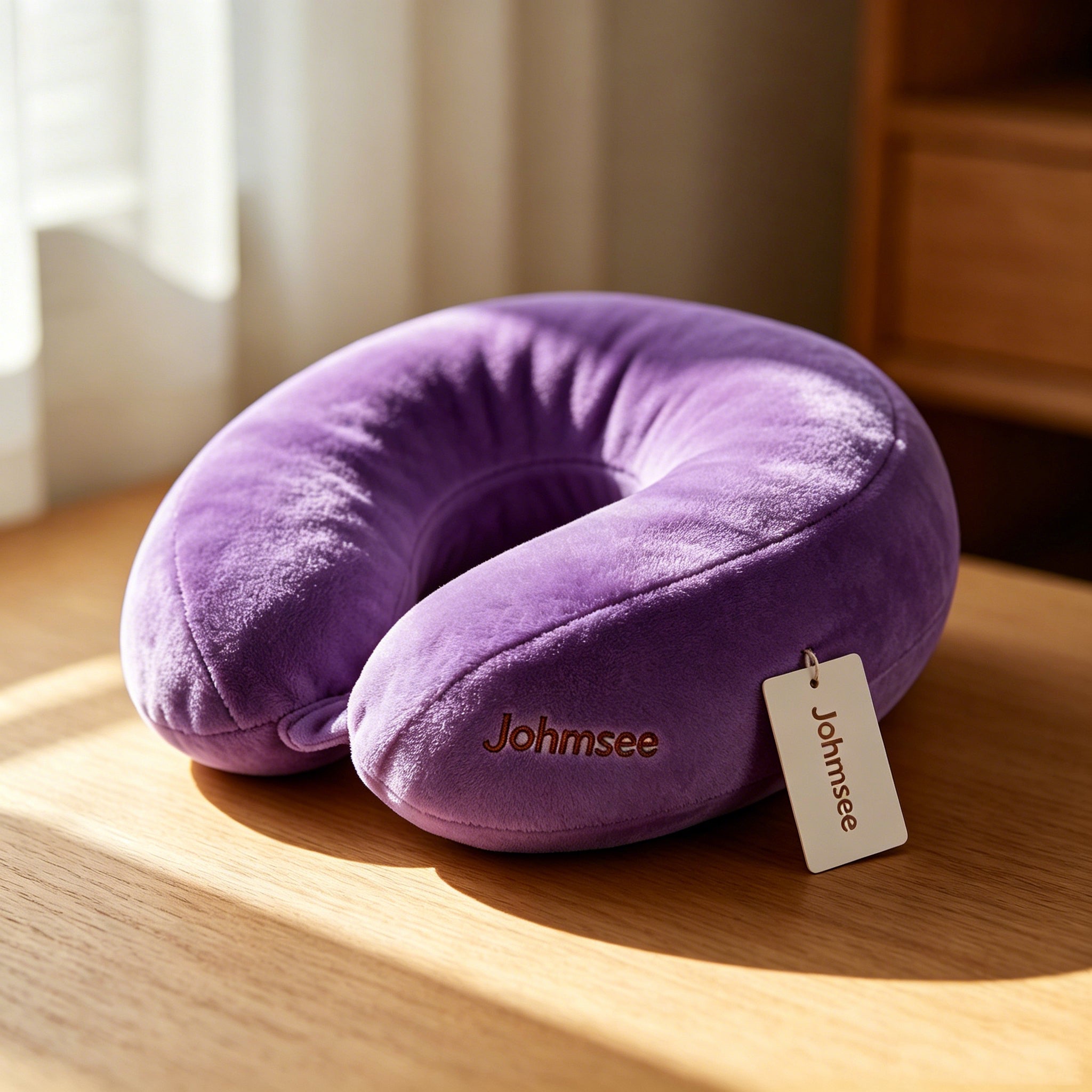 Johmsee Classic Memory Foam Purple Neck Pillow, Soft Plush Breathable Travel Pillow, Ergonomic Support Headrest for Airplane, Car, Office Napping, Lightweight Portable Neck Cushion with Hang Tag