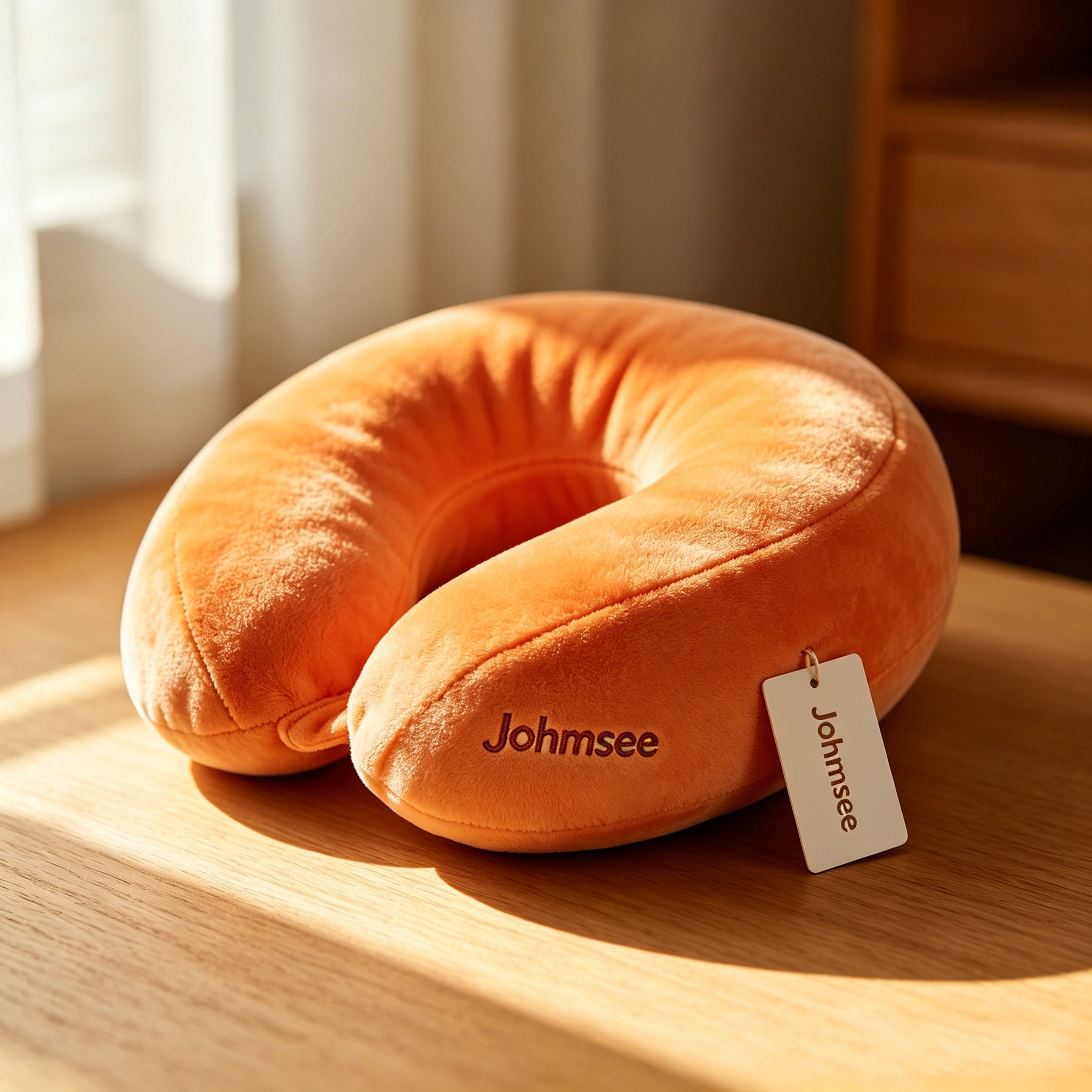 Johmsee Classic Memory Foam Orange Neck Pillow, Soft Plush Breathable Travel Pillow, Ergonomic Support Headrest for Airplane, Car, Office Napping, Lightweight Portable Neck Cushion with Hang Tag