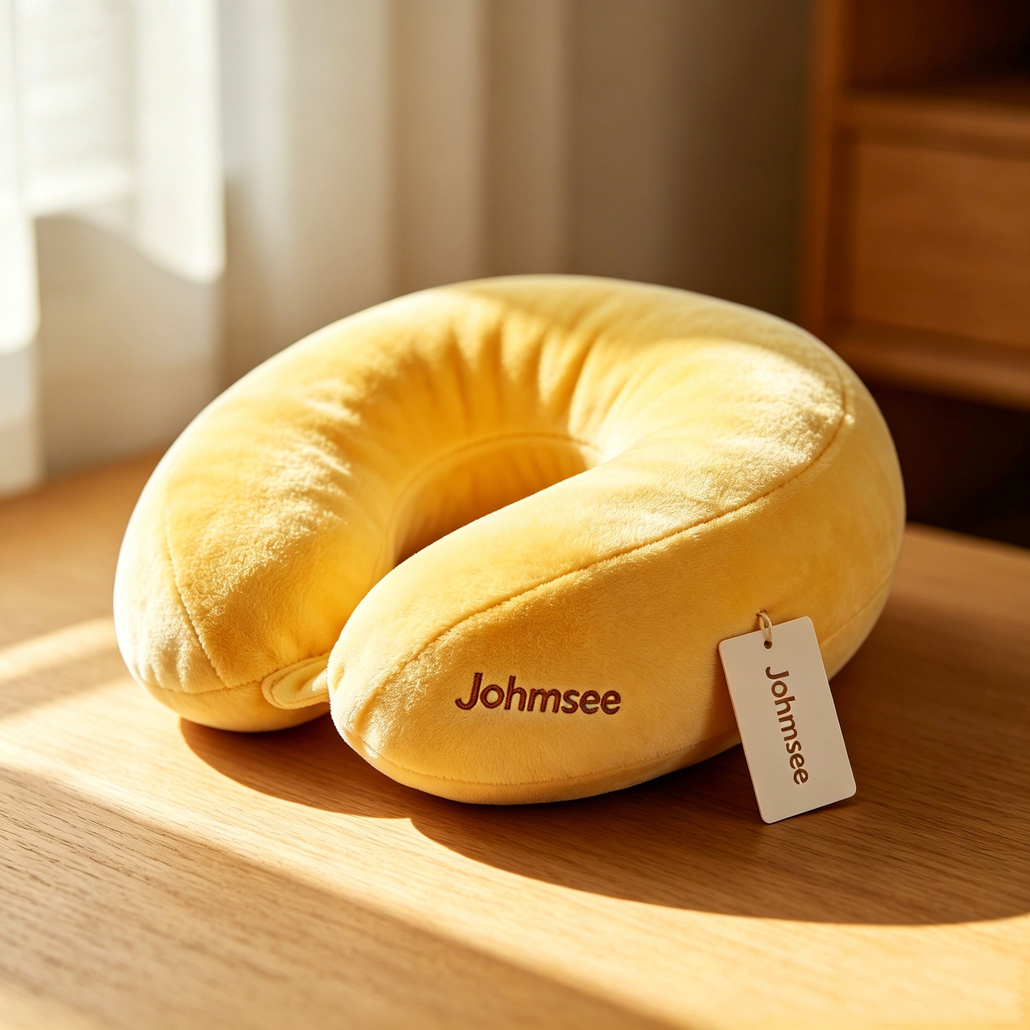 Johmsee Classic Memory Foam Yellow Neck Pillow, Soft Plush Breathable Travel Pillow, Ergonomic Support Headrest for Airplane, Car, Office Napping, Lightweight Portable Neck Cushion with Hang Tag