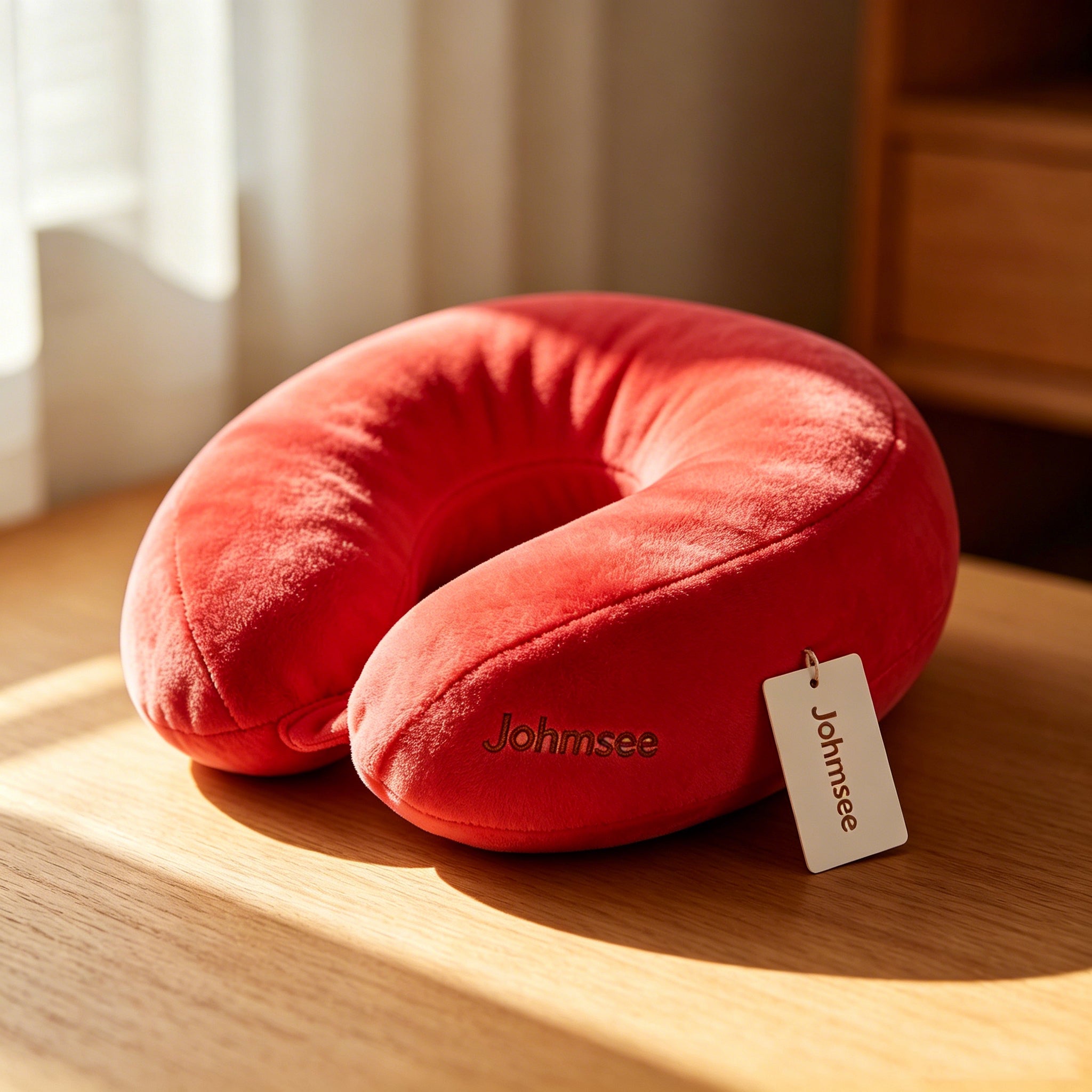 Johmsee Classic Memory Foam Red Neck Pillow, Soft Plush Breathable Travel Pillow, Ergonomic Support Headrest for Airplane, Car, Office Napping, Lightweight Portable Neck Cushion with Hang Tag