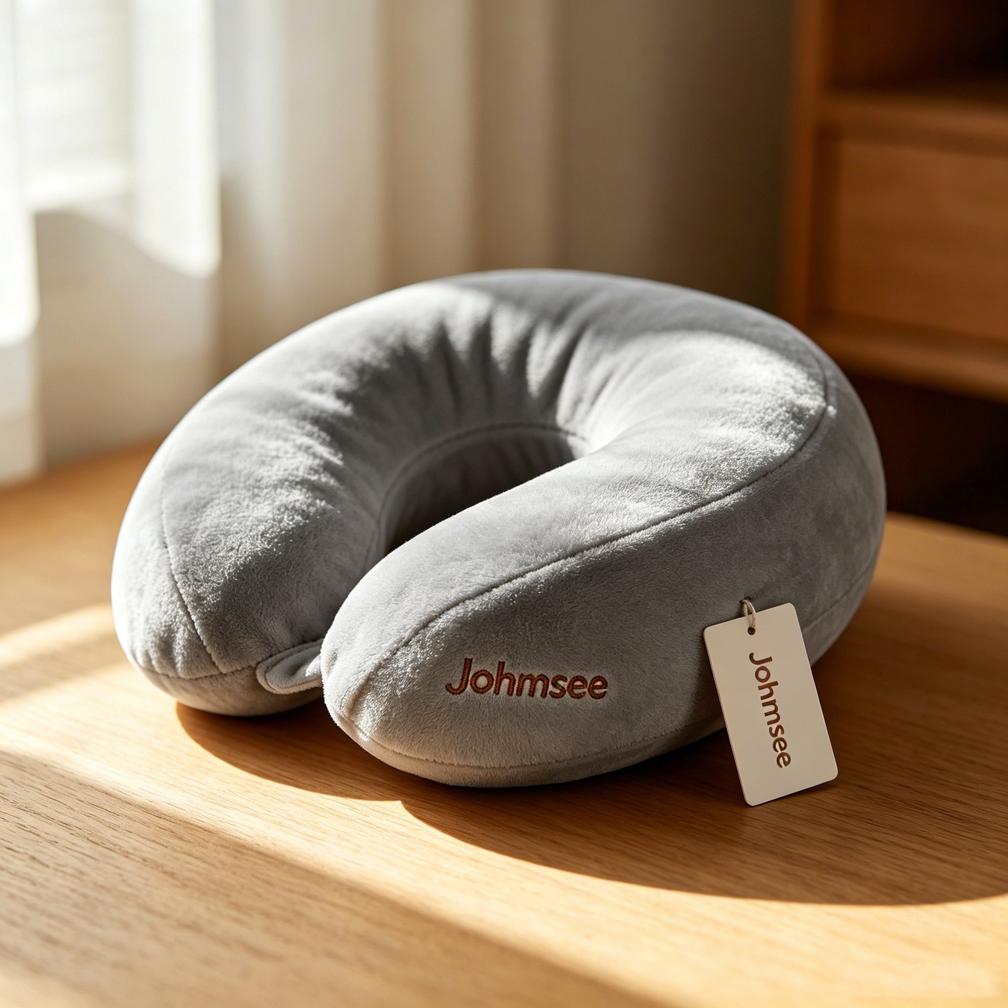 Johmsee Classic Memory Foam Gray Neck Pillow, Soft Plush Breathable Travel Pillow, Ergonomic Support Headrest for Airplane, Car, Office Napping, Lightweight Portable Neck Cushion with Hang Tag