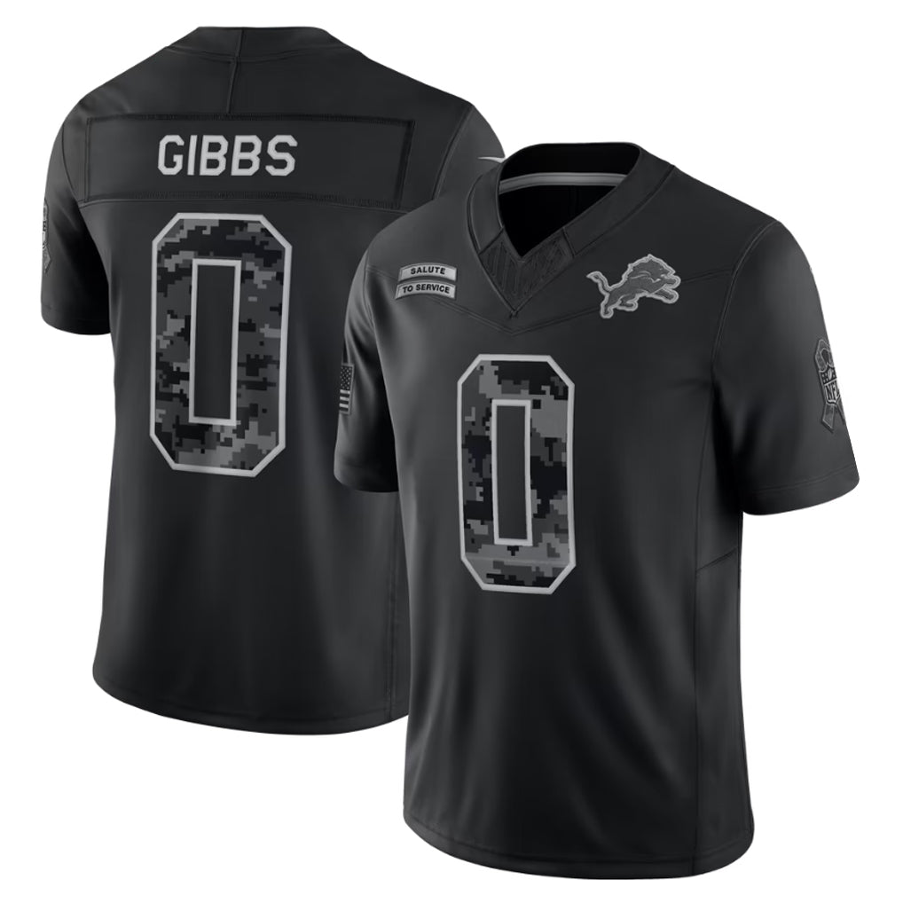 Johmsee D.Lions #0 Jahmyr Gibbs Player Black Limited 2026 Salute to Service Home Game Stitched Jerseys