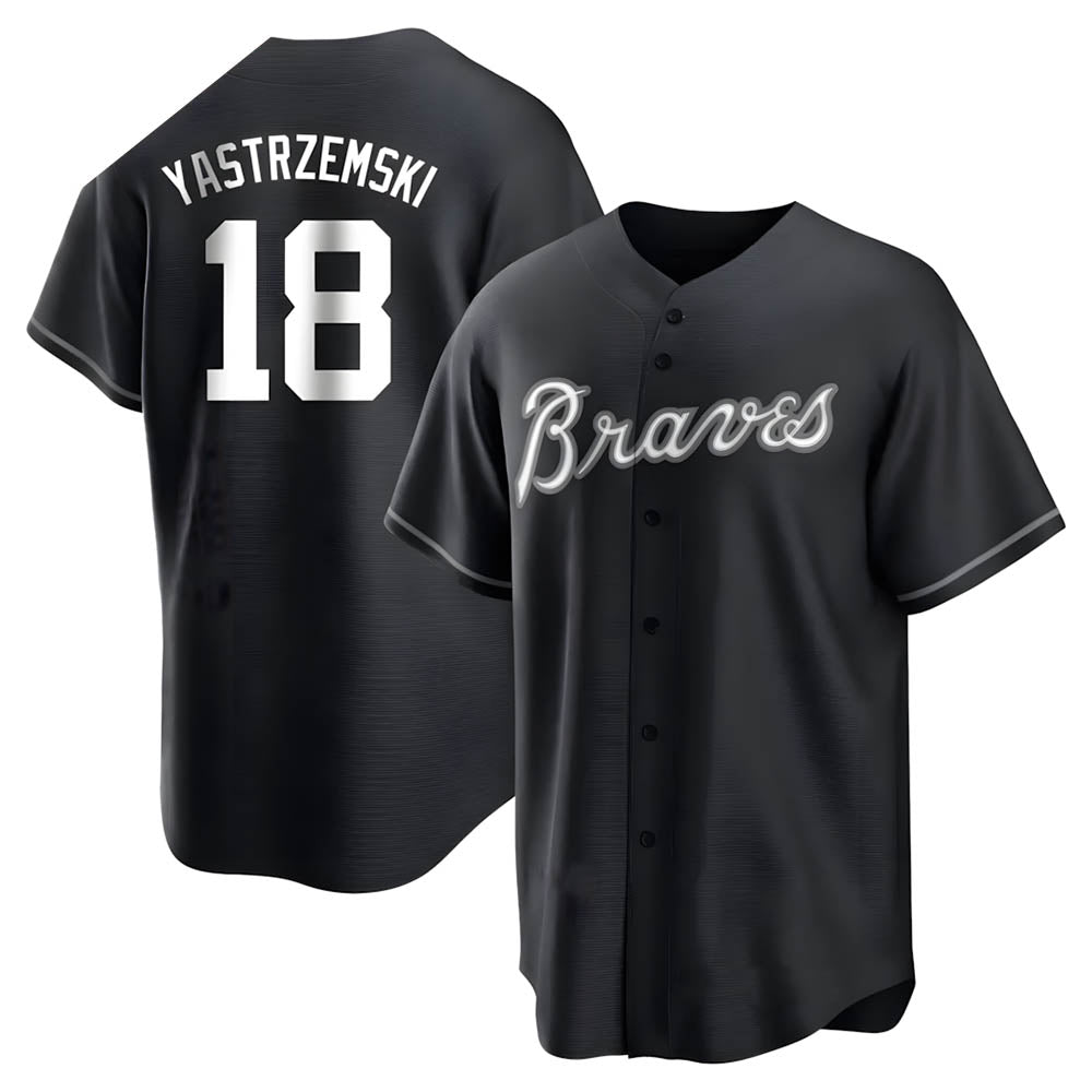 Johmsee A.Braves #18 Mike Yastrzemski player Black&White Replica Stitched Jerseys