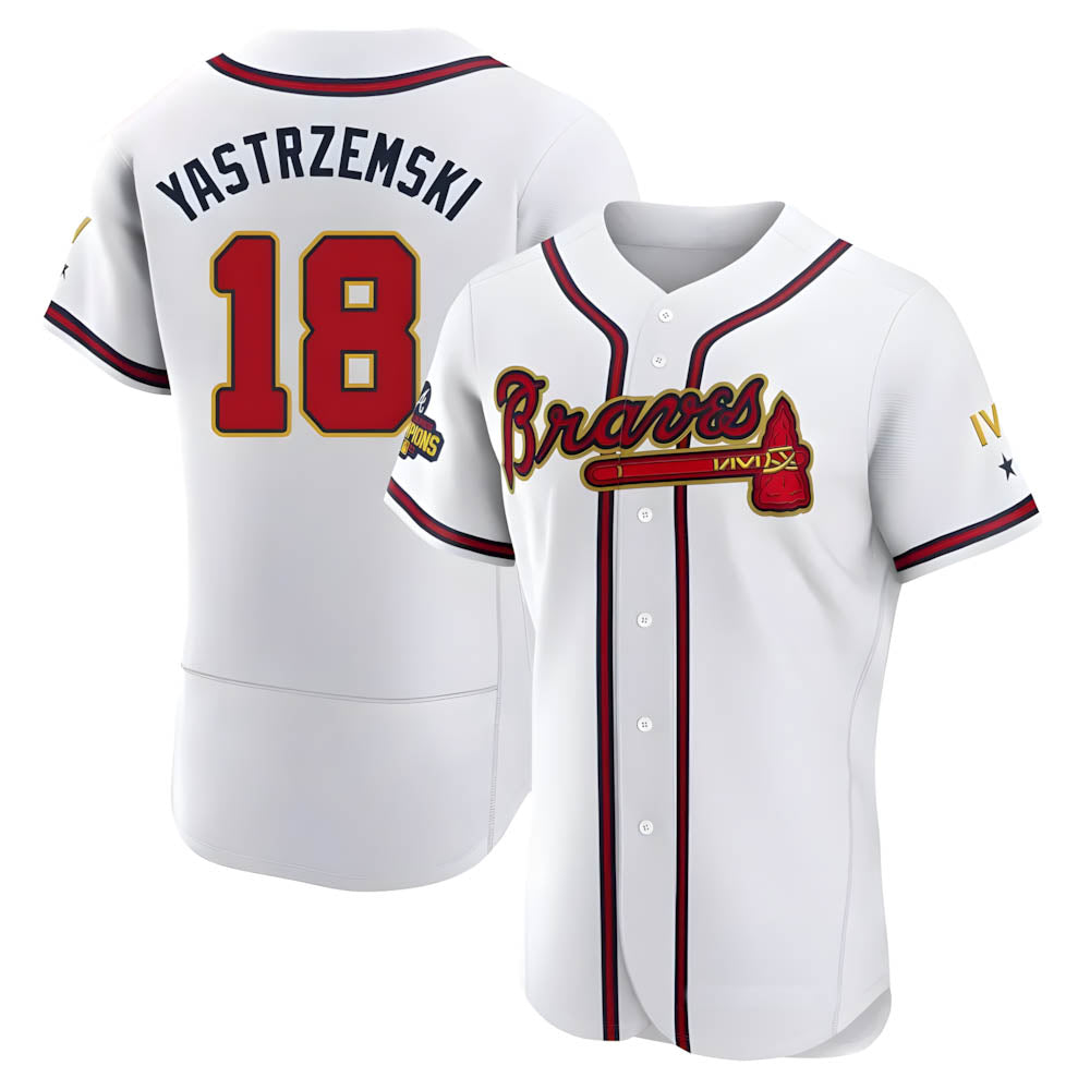 Johmsee A.Braves #18 Mike Yastrzemski player Gold Authentic White Program Stitched Jerseys