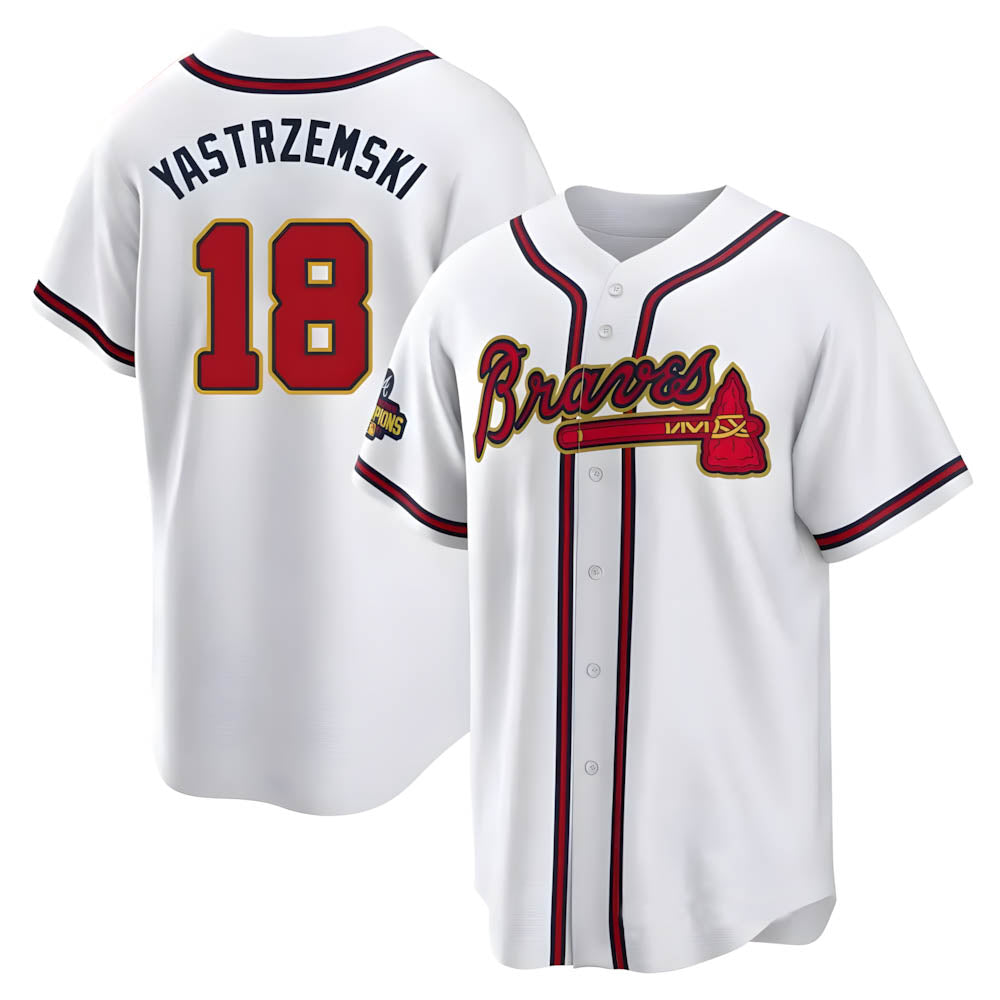 Johmsee A.Braves #18 Mike Yastrzemski player Gold Replica White Program Stitched Jerseys