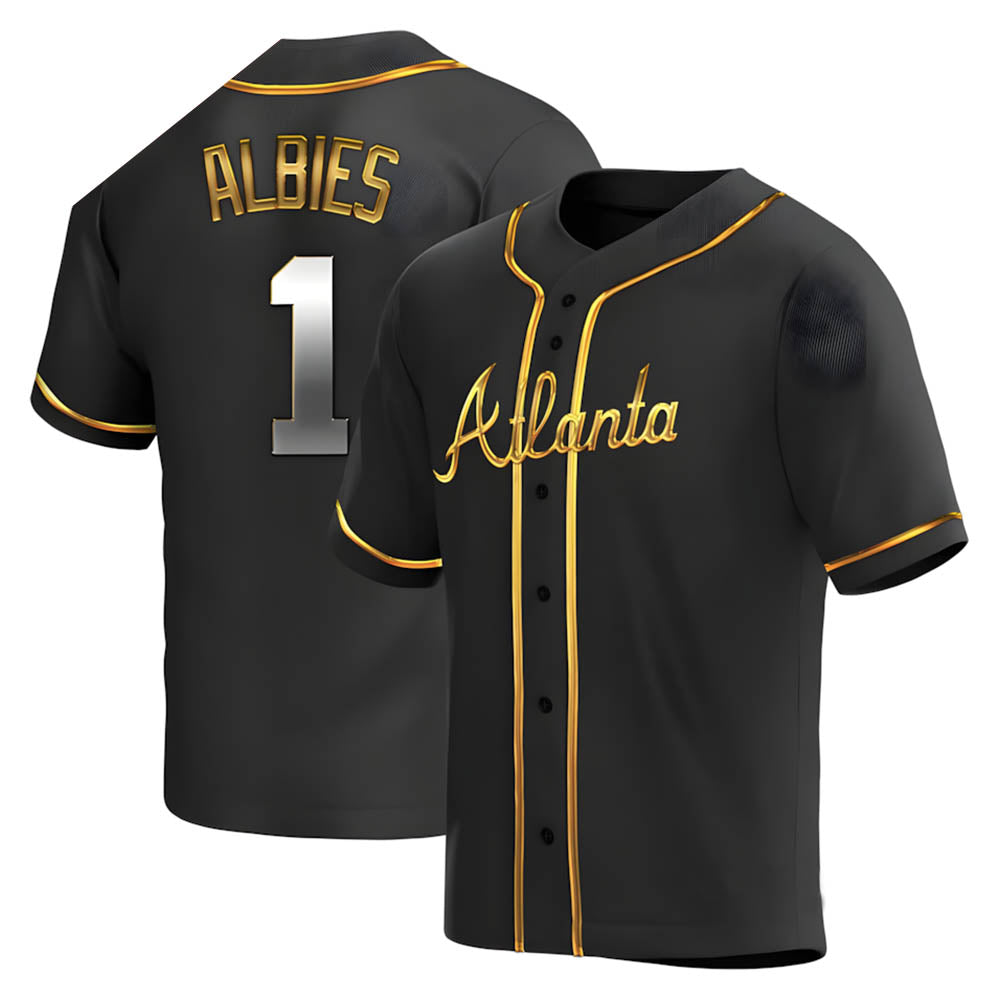 Johmsee A.Braves #1 Ozzie Albies Player Gold Replica Black en Alternate Stitched Jerseys