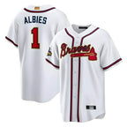Johmsee A.Braves #1 Ozzie Albies Player White World Series Gold Program Stitched Jerseys