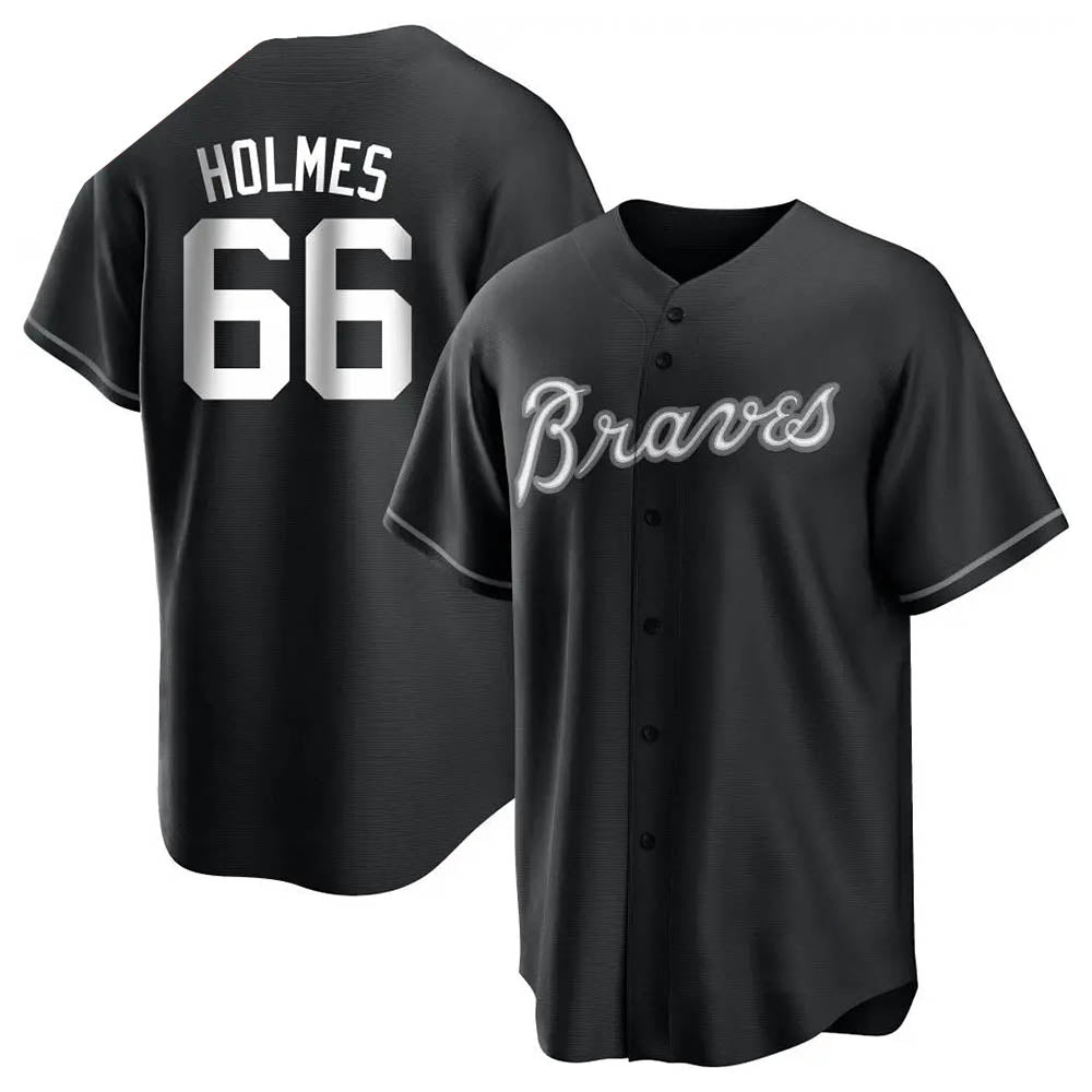 Johmsee A.Braves #66 Grant Holmes Player Black&White Replica Stitched Jerseys