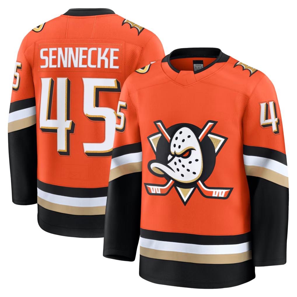 Johmsee A.Ducks #45 Beckett Sennecke Orange Home Premium Jerseys
