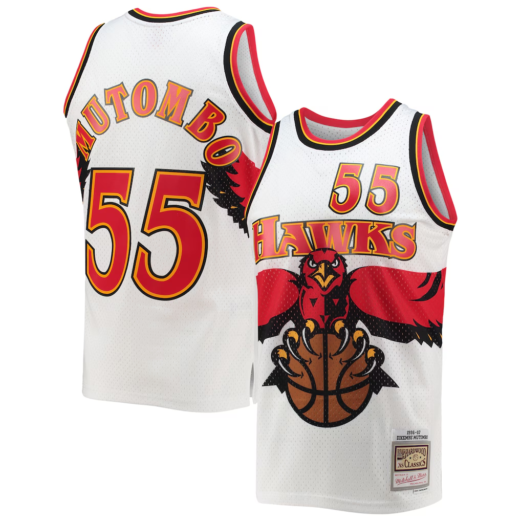 Johmsee A.Hawks #55 Dikembe Mutombo Mitchell & Ness White 199697 Hardwood Classics Swingman Jerseys