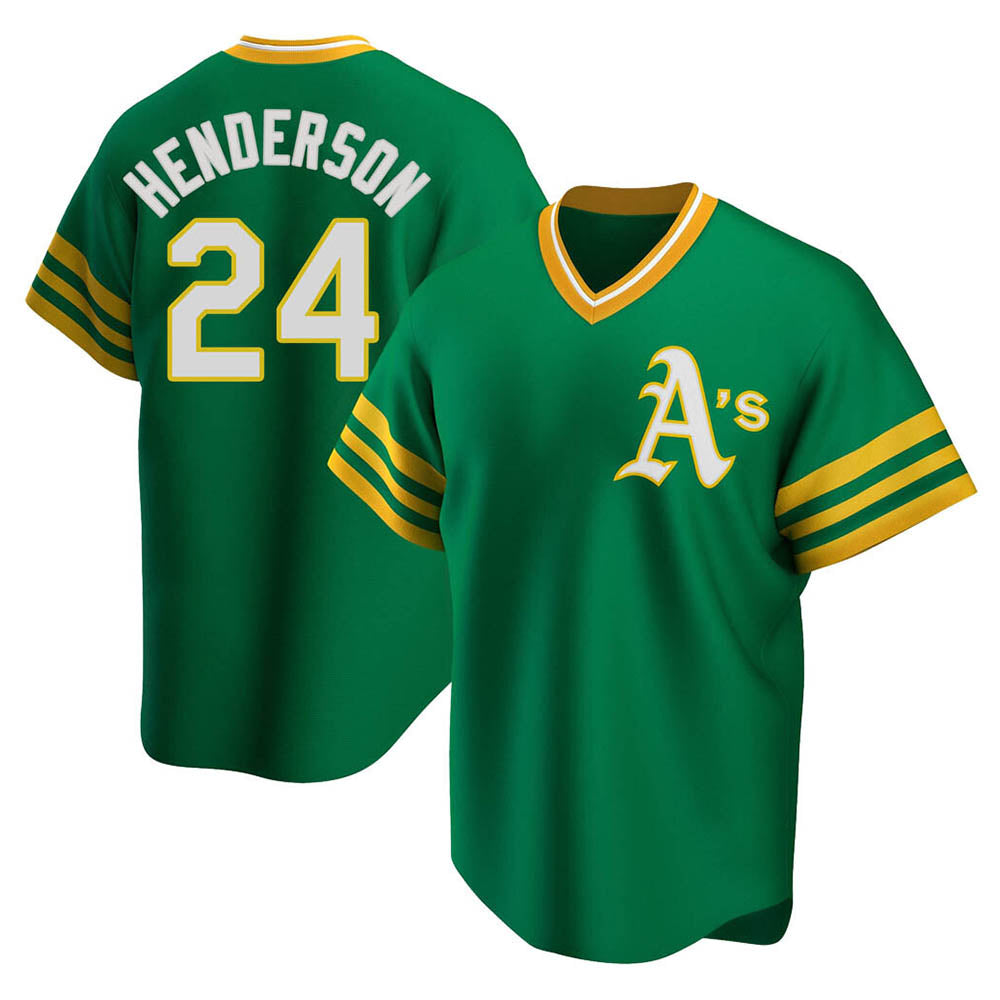 Johmsee Athletics #24 Rickey Henderson Player Green Replica Cooperstown Collection T shirt Stitched Jersey