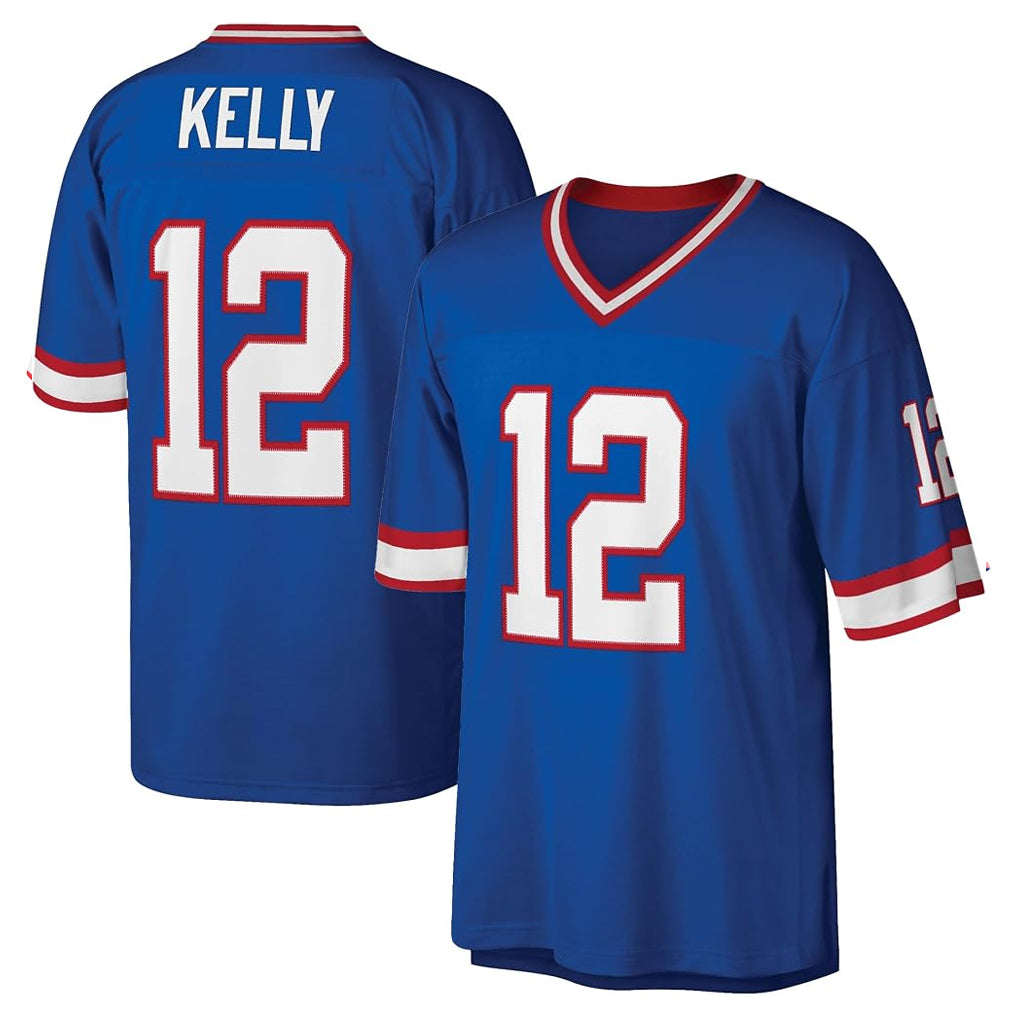 Johmsee B.Bills #12 Jim Kelly Player Blue Replica Throwback Limited Stitched Jerseys