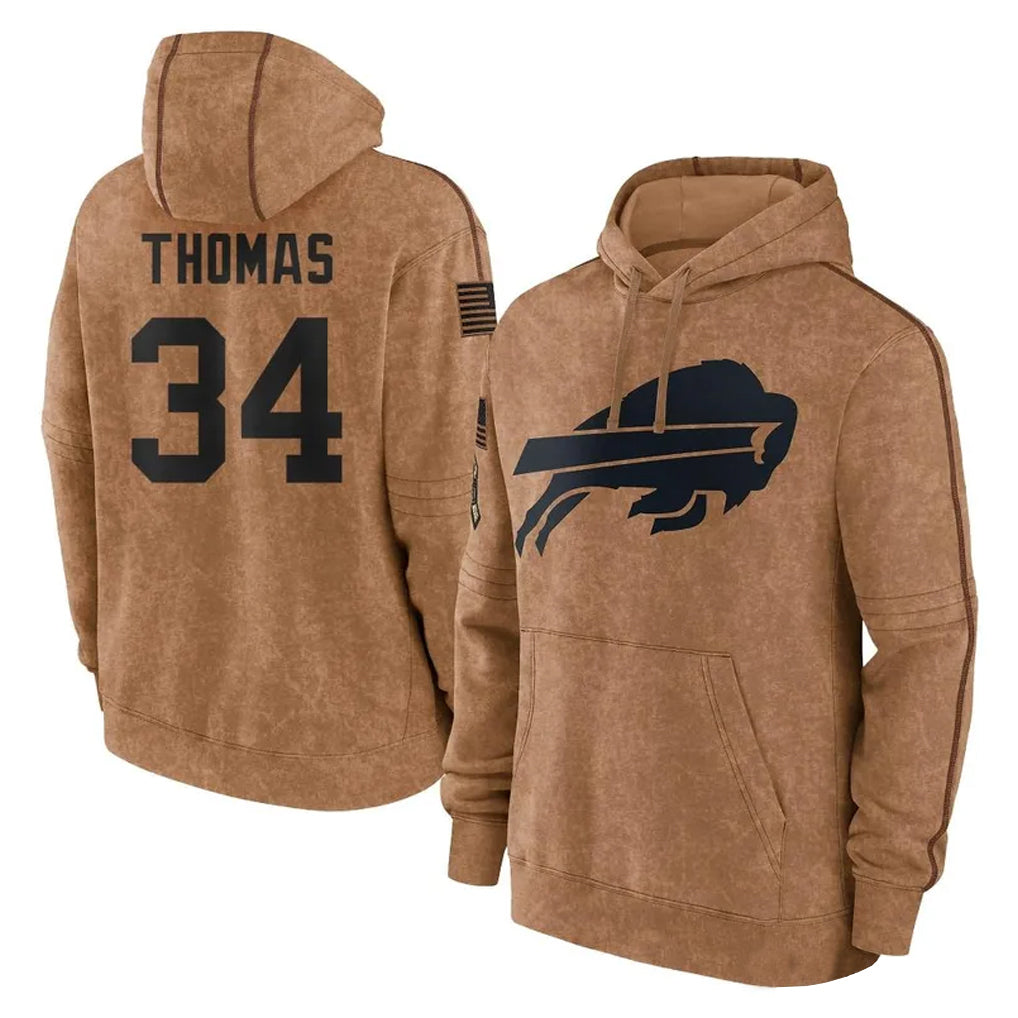 Johmsee B.Bills #34 Thurman Thomas Player Brown Salute to Service Hoodies Stitched Jerseys
