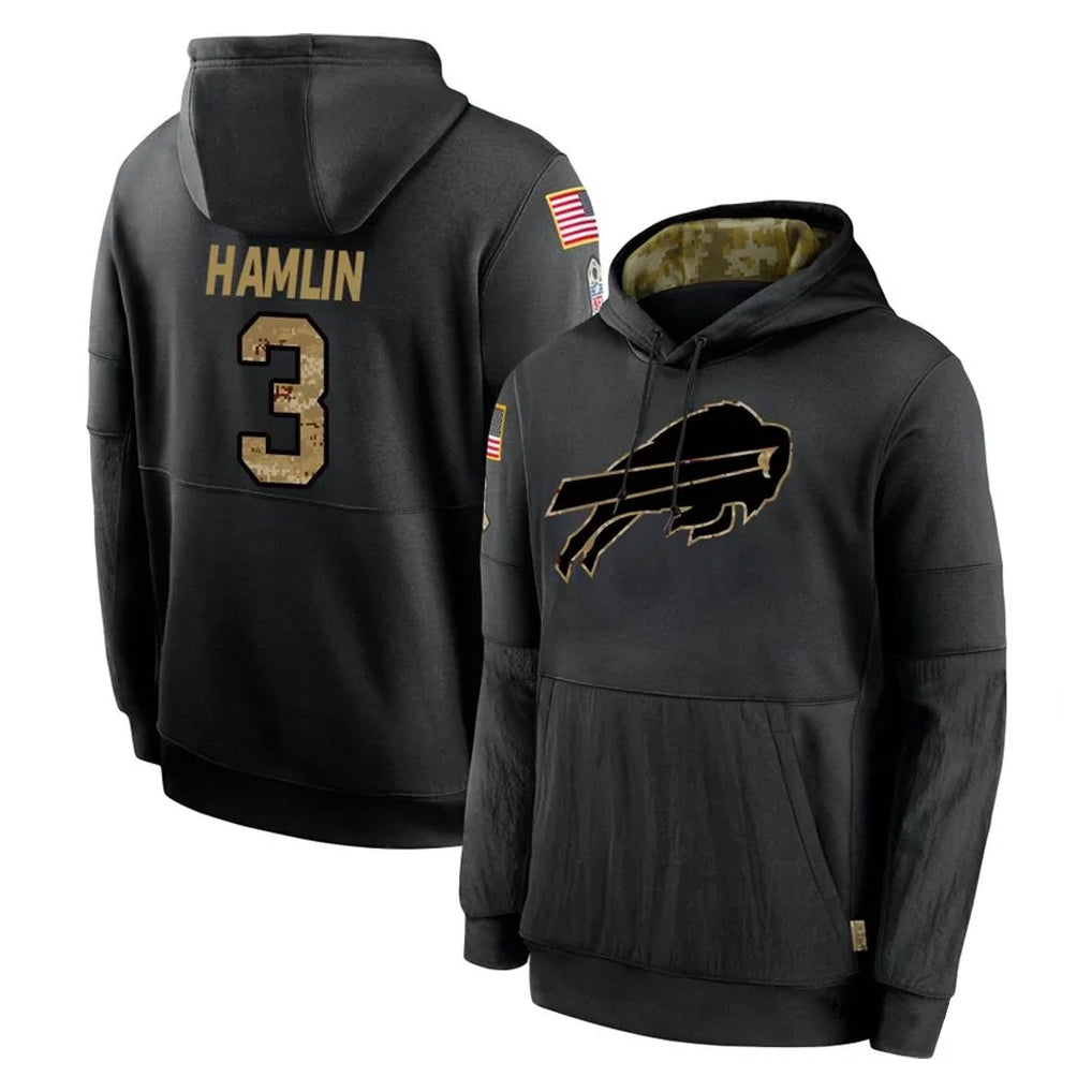 Johmsee B.Bills #3 Damar Hamlin Player Black Salute to Service Hoodies Stitched Jersey