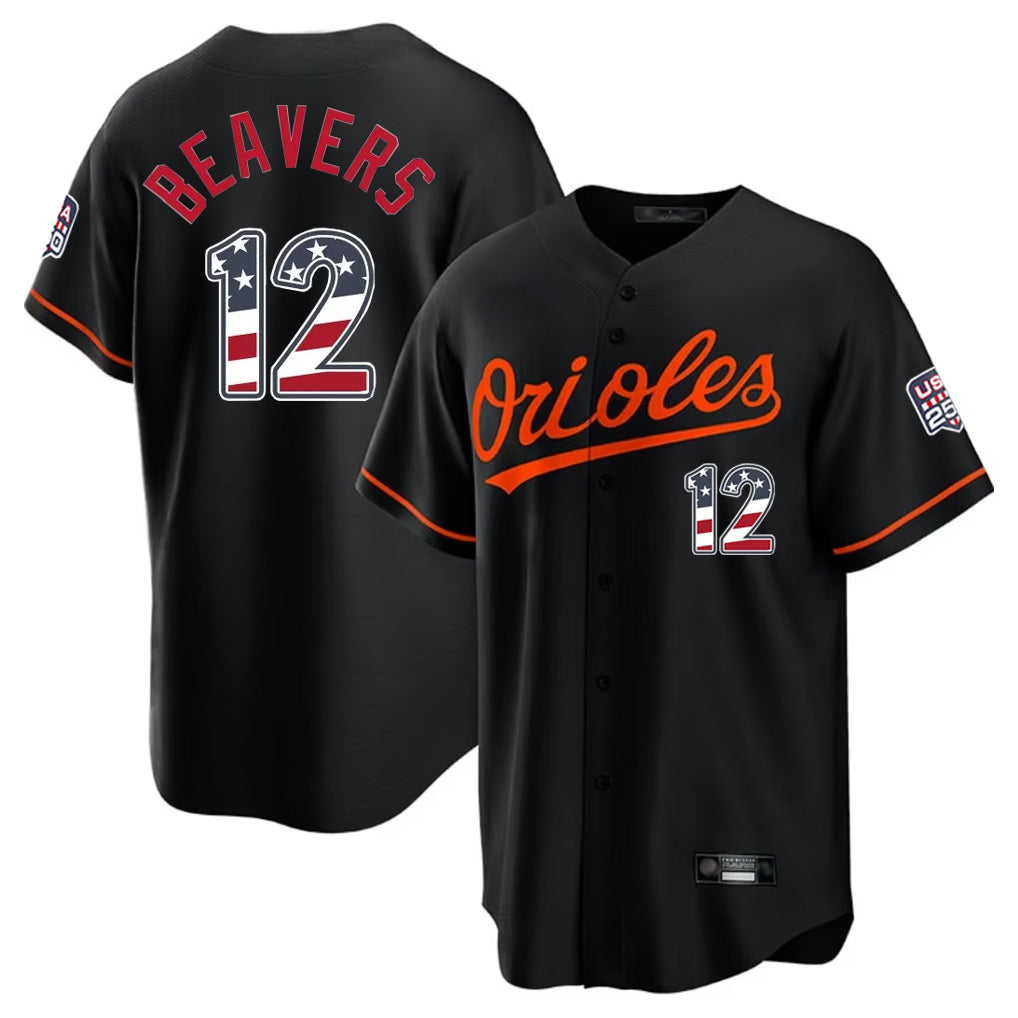 Johmsee B.Orioles #12 Dylan Beavers Player Black USA 250 Fourth of July Home Game Stitched Jerseys