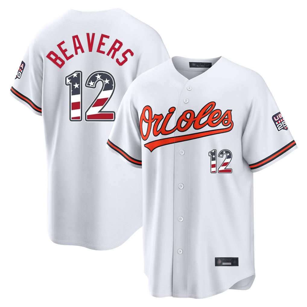 Johmsee B.Orioles #12 Dylan Beavers Player White USA 250 Fourth of July Home Game Stitched Jerseys