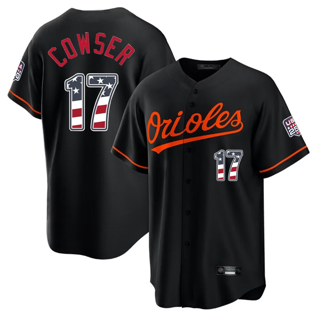 Johmsee B.Orioles #17 Colton Cowser Player Black USA 250 Fourth of July Home Game Stitched Jerseys