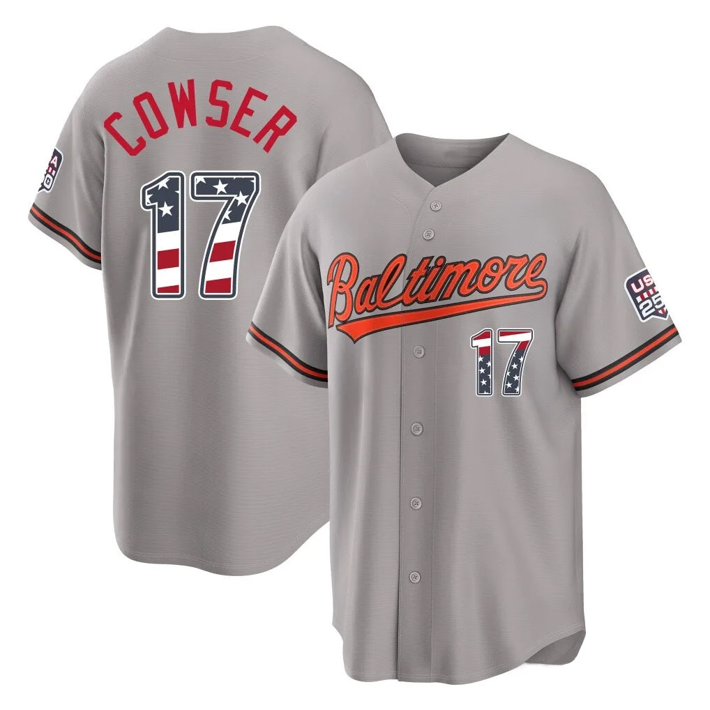 Johmsee B.Orioles #17 Colton Cowser Player Gray USA 250 Fourth of July Home Game Stitched Jerseys