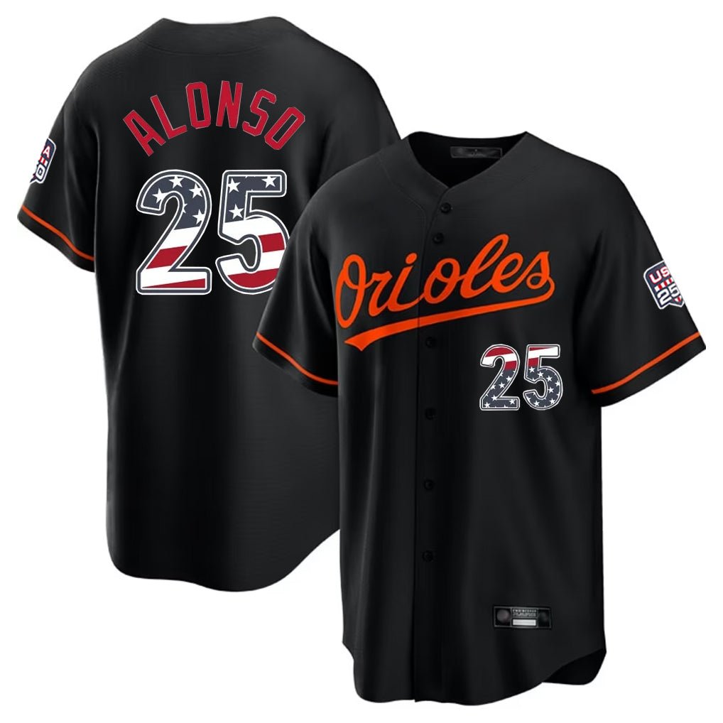 Johmsee B.Orioles #25 Pete Alonso Player Black USA 250 Fourth of July Home Game Stitched Jerseys