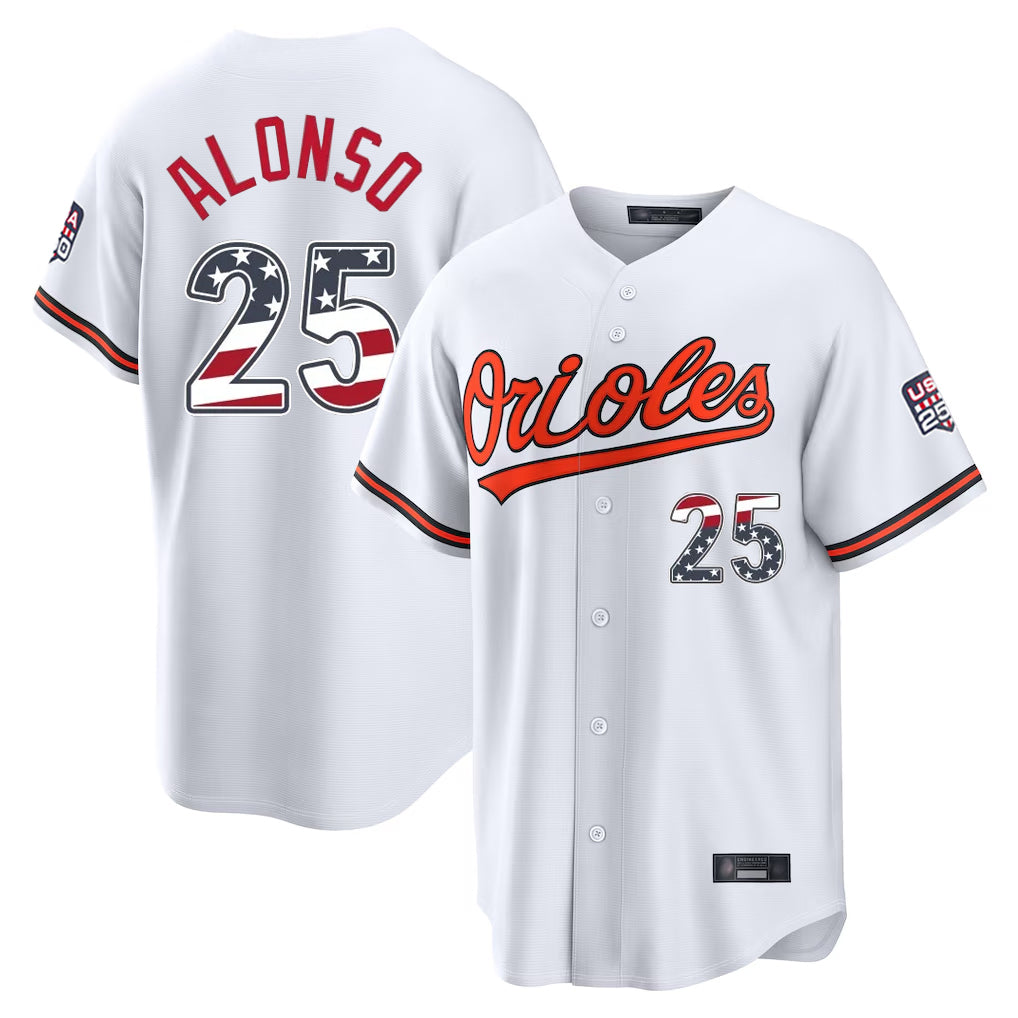 Johmsee B.Orioles #25 Pete Alonso Player White USA 250 Fourth of July Home Game Stitched Jerseys