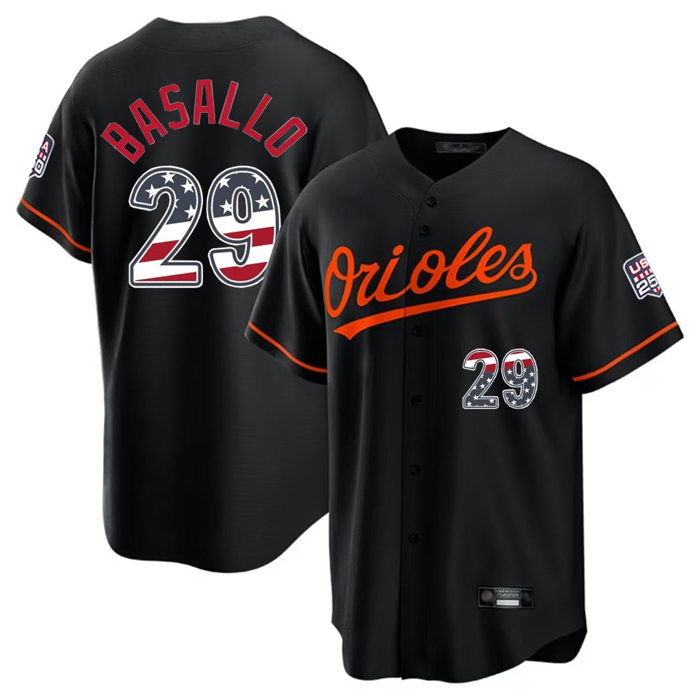 Johmsee B.Orioles #29 Samuel Basallo Player Black USA 250 Fourth of July Home Game Stitched Jerseys