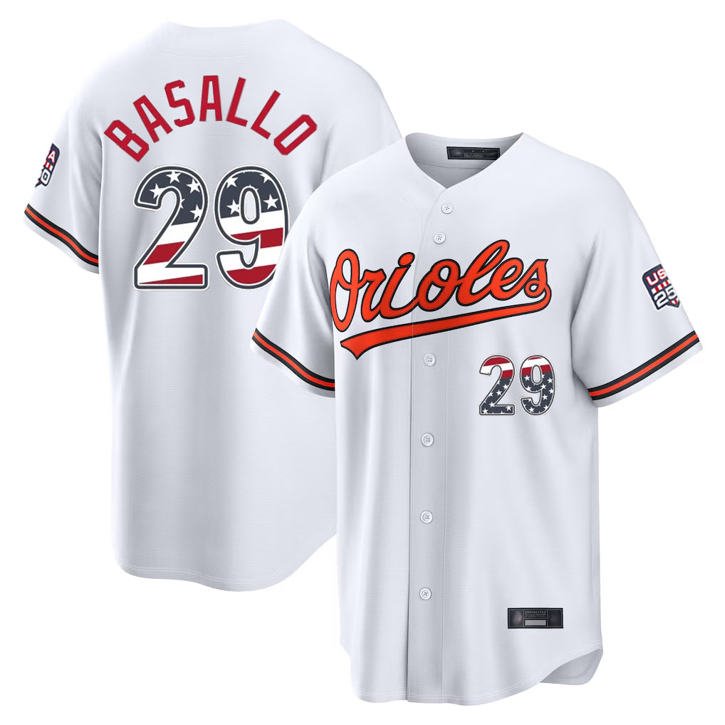 Johmsee B.Orioles #29 Samuel Basallo Player White USA 250 Fourth of July Home Game Stitched Jerseys