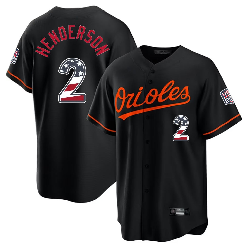 Johmsee B.Orioles #2 Gunnar Henderson Player Black USA 250 Fourth of July Home Game Stitched Jerseys