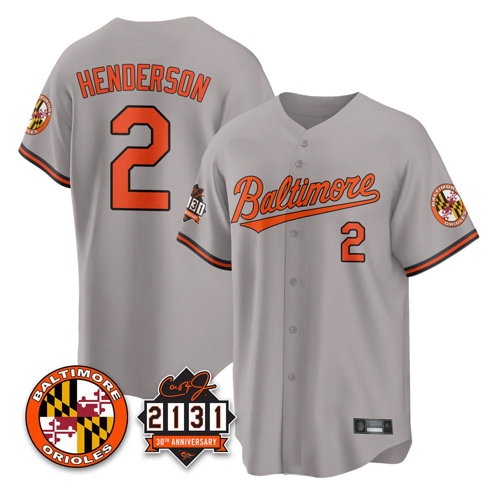 Johmsee B.Orioles #2 Gunnar Henderson Player Gray 30th Anniversary of 2131 Home Game Stitched Jerseys