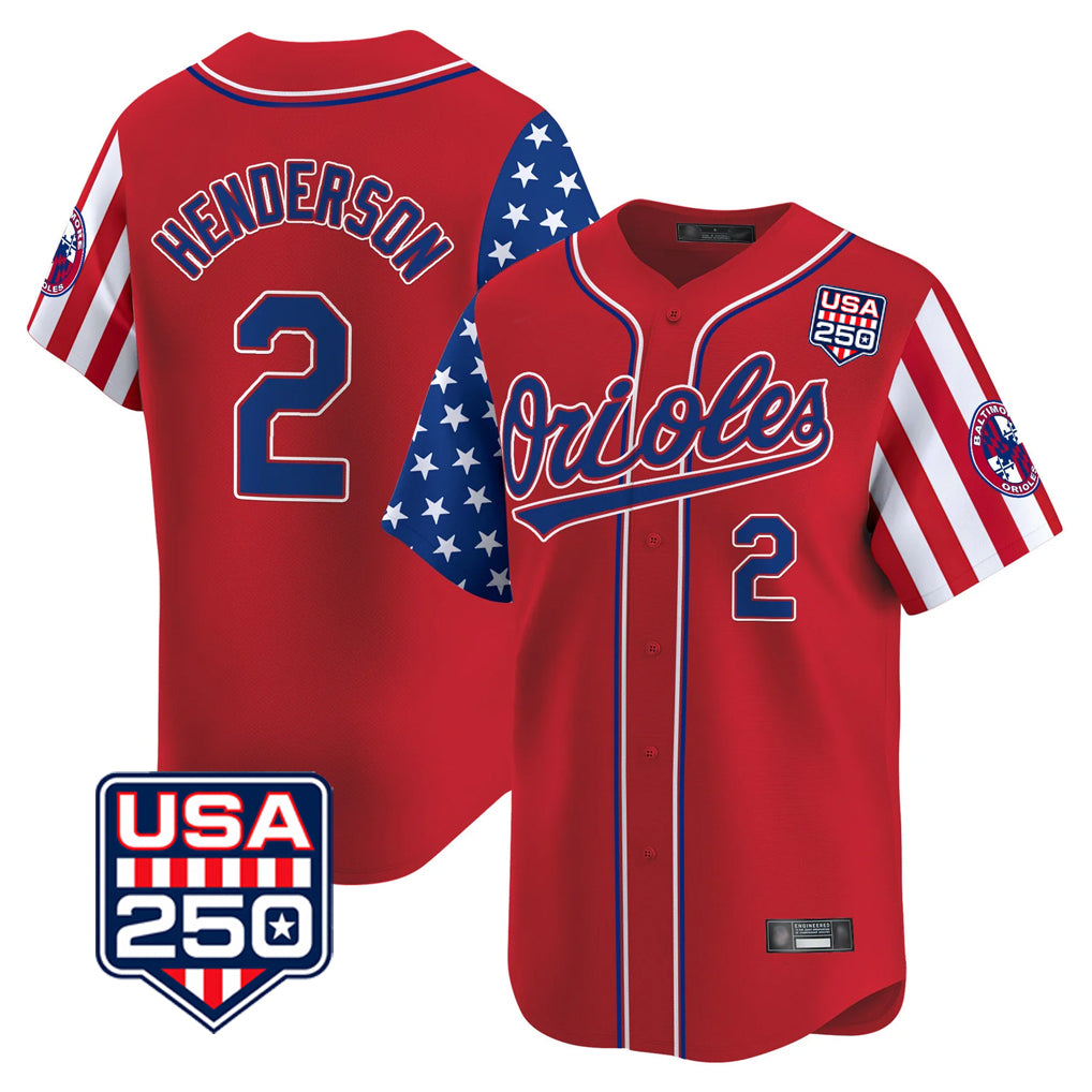 Johmsee B.Orioles #2 Gunnar Henderson Player Red USA 250 Independence Day Vapor Premier Limited Home Game Stitched Jerseys