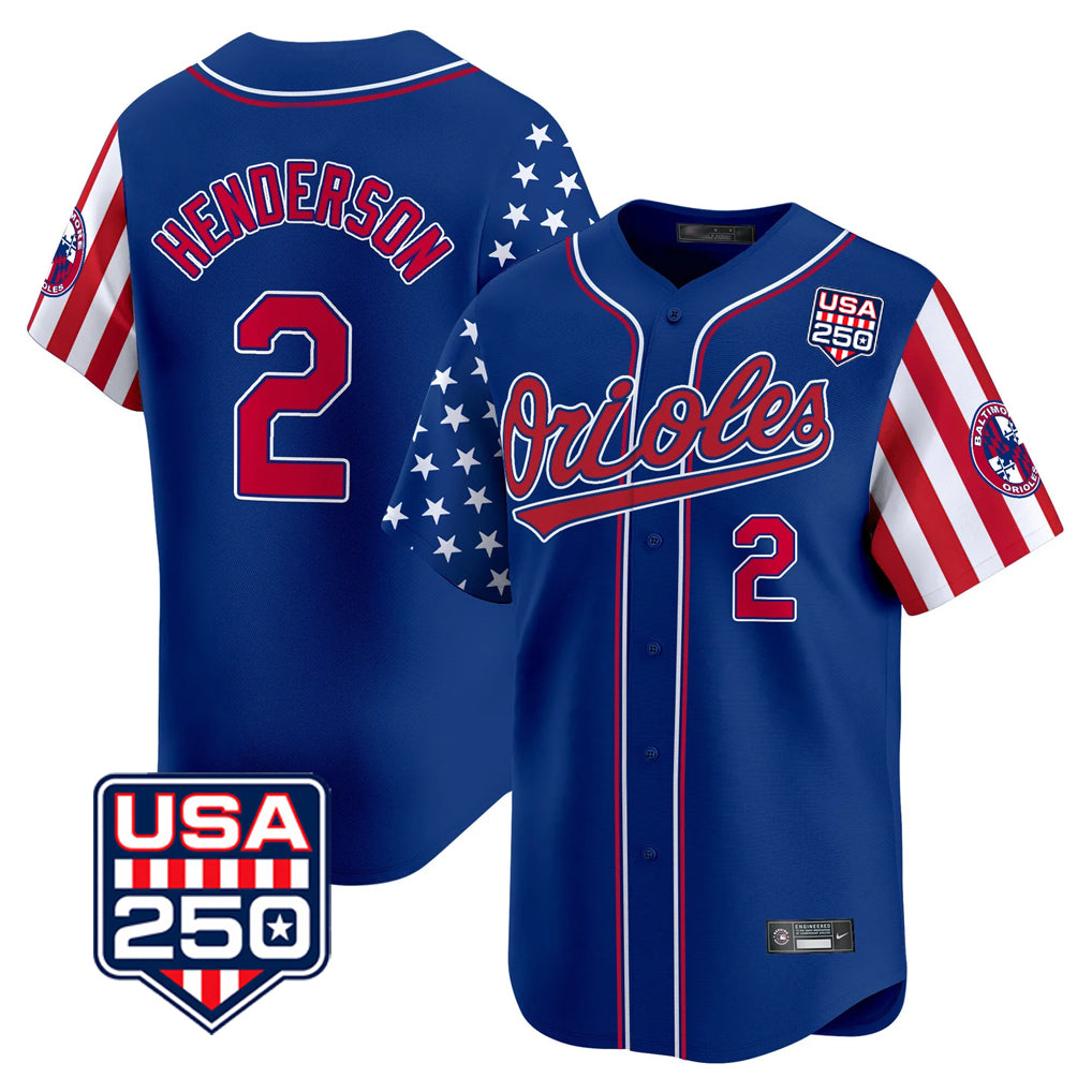 Johmsee B.Orioles #2 Gunnar Henderson Player Royal USA 250 Independence Day Vapor Premier Limited Home Game Stitched Jerseys