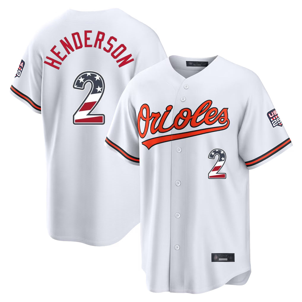 Johmsee B.Orioles #2 Gunnar Henderson Player White USA 250 Fourth of July Home Game Stitched Jerseys