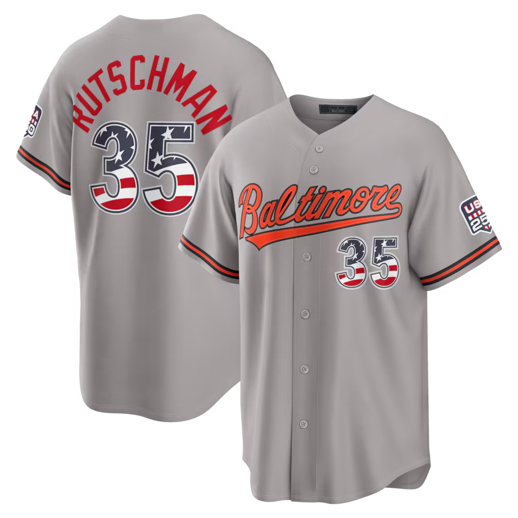 Johmsee B.Orioles #35 Adley Rutschman Gray USA 250 Fourth of July Road Stadium Jersey