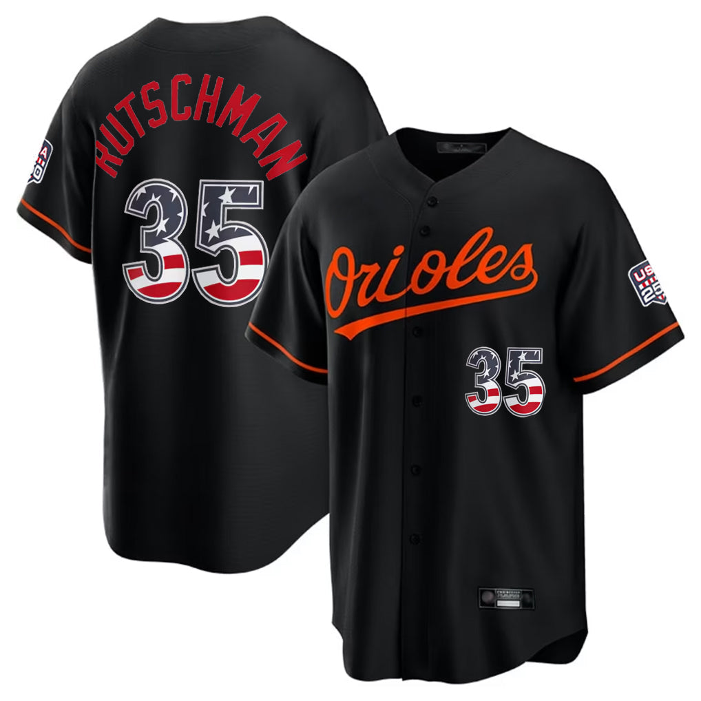 Johmsee B.Orioles #35 Adley Rutschman Player Black USA 250 Fourth of July Home Game Stitched Jerseys