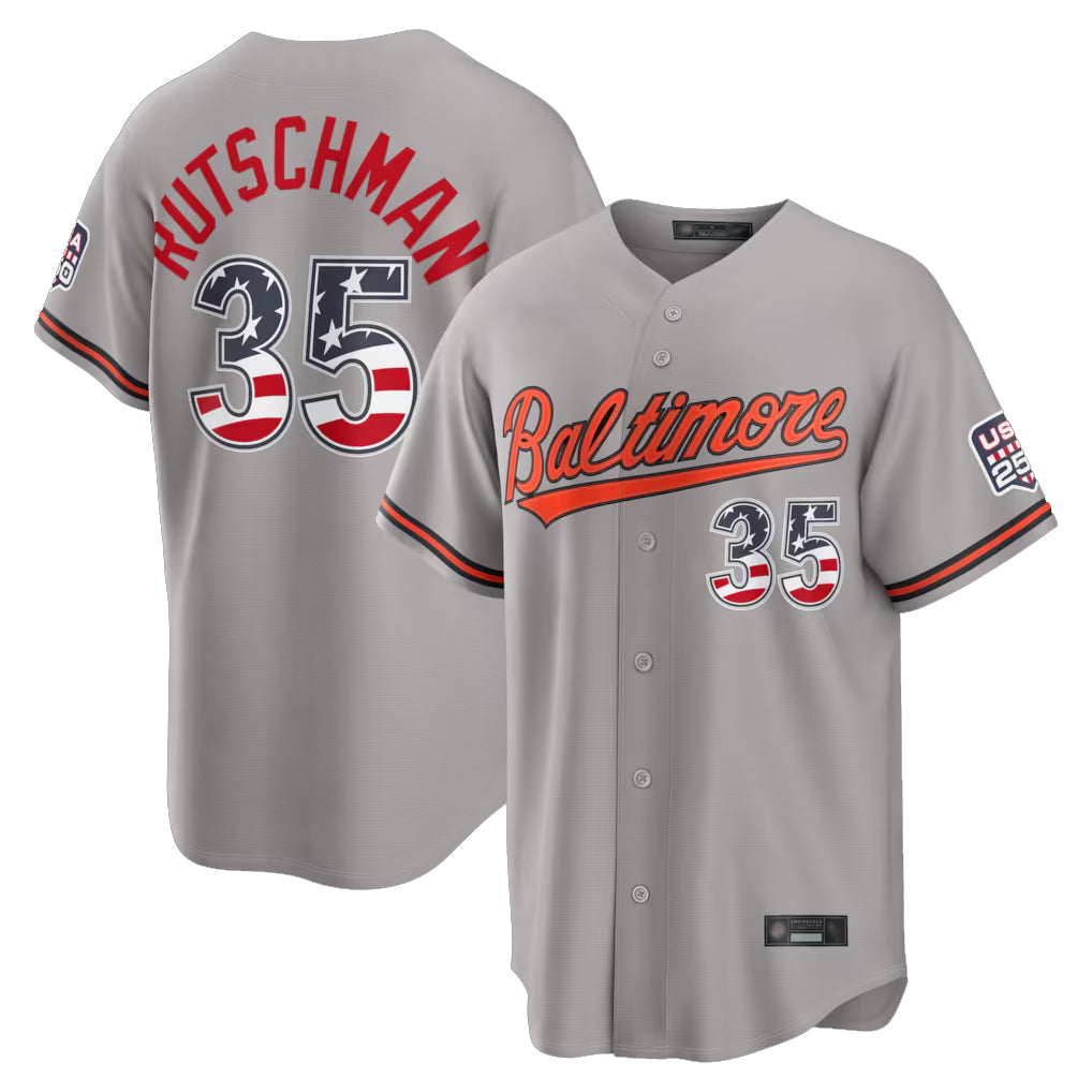 Johmsee B.Orioles #35 Adley Rutschman Gray USA 250 Fourth of July Home Game Stitched Jerseys