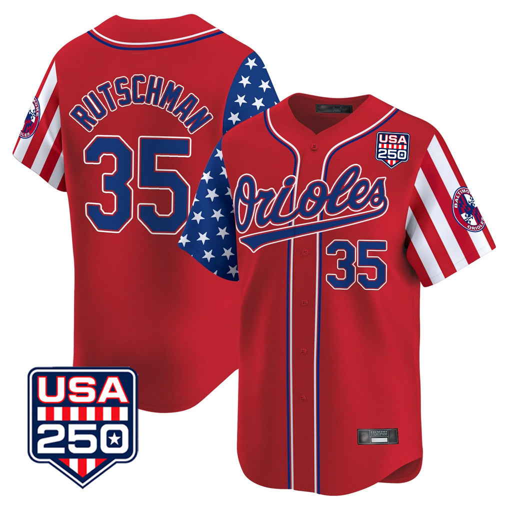 Johmsee B.Orioles #35 Adley Rutschman Player Red USA 250 Independence Day Vapor Premier Limited Home Game Stitched Jerseys