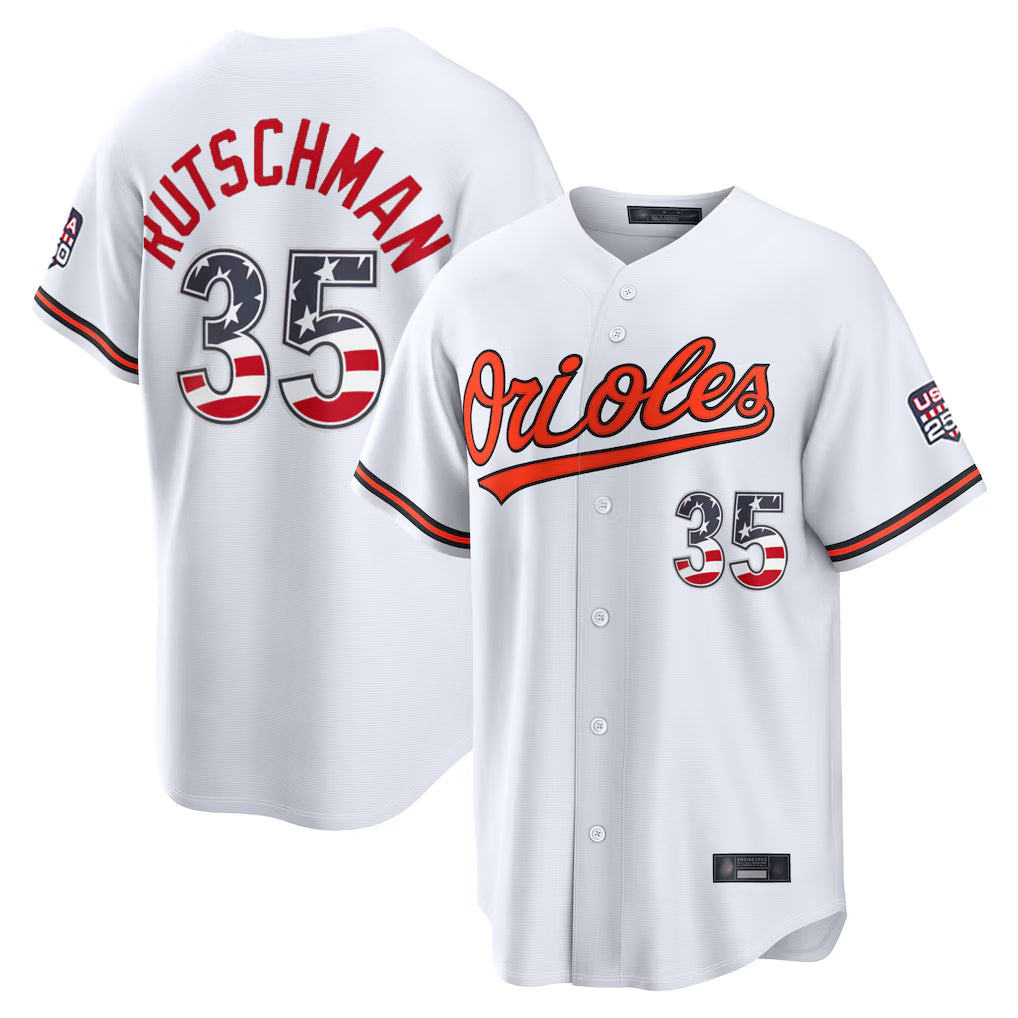 Johmsee B.Orioles #35 Adley Rutschman Player White USA 250 Fourth of July Home Game Stitched Jerseys