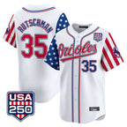 Johmsee B.Orioles #35 Adley Rutschman White USA 250 Independence Day Vapor Premier Home Game Stitched Jerseys