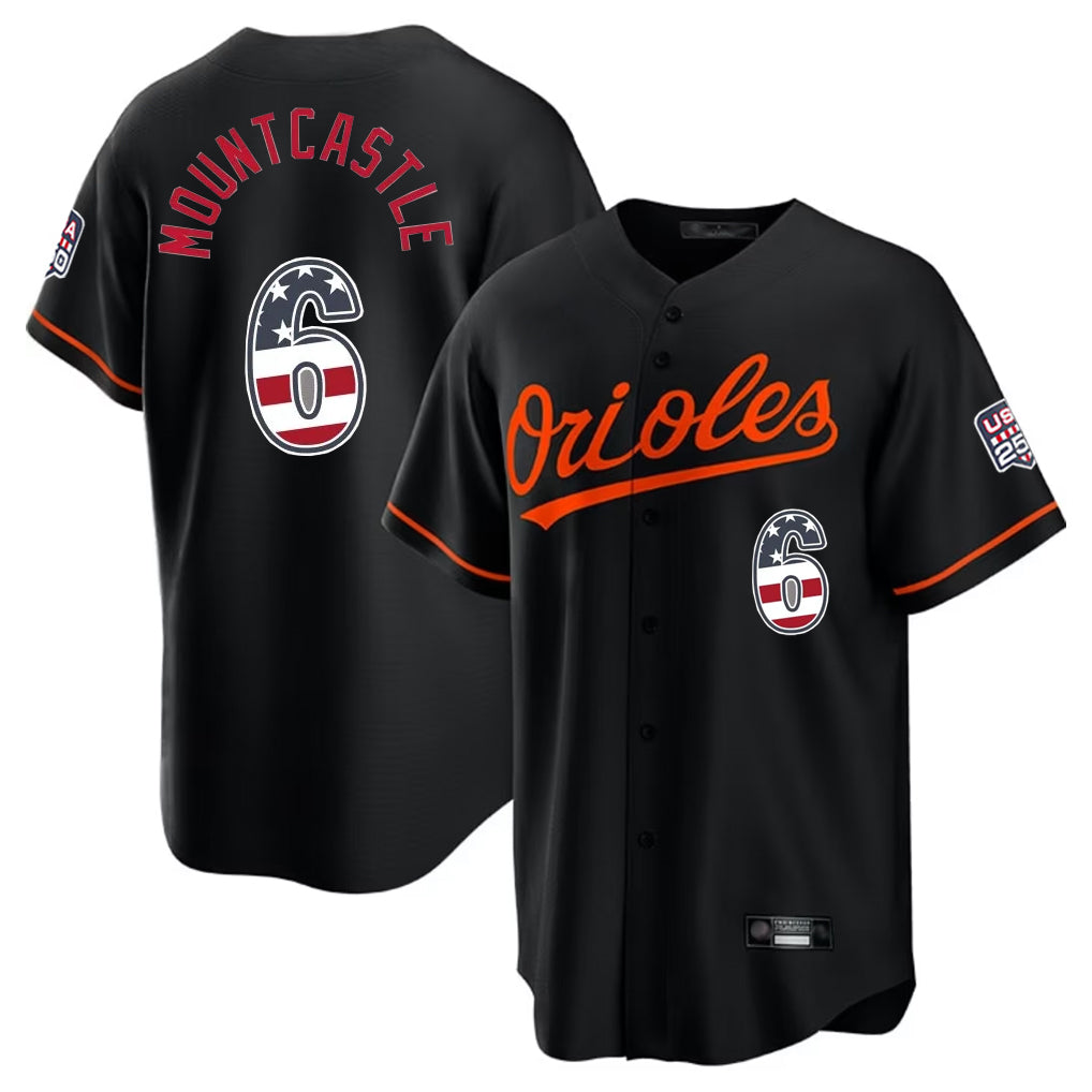 Johmsee B.Orioles #6 Ryan Mountcastle Player Black USA 250 Fourth of July Home Game Stitched Jerseys