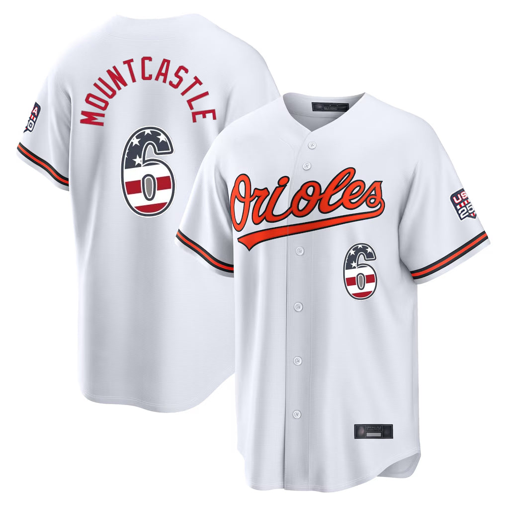 Johmsee B.Orioles #6 Ryan Mountcastle Player White USA 250 Fourth of July Home Game Stitched Jerseys