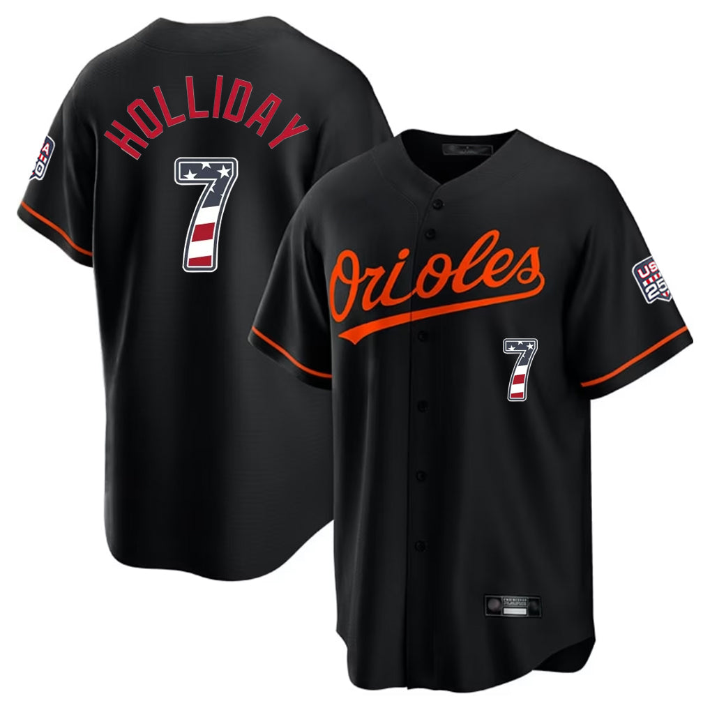 Johmsee B.Orioles #7 Jackson Holliday Player Black USA 250 Fourth of July Home Game Stitched Jerseys