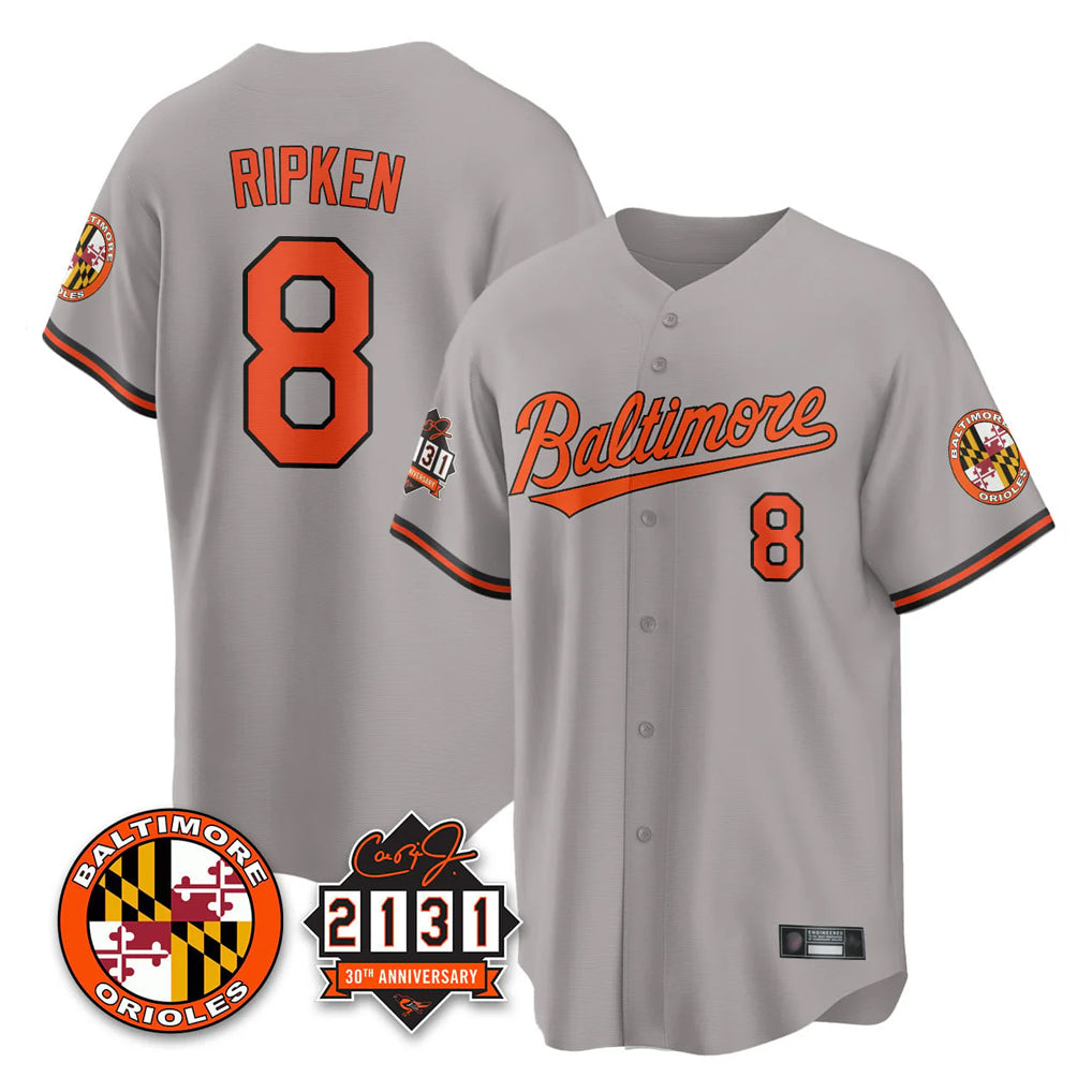 Johmsee B.Orioles #8 Cal Ripken Player Gray 30th Anniversary of 2131 Home Game Stitched Jerseys
