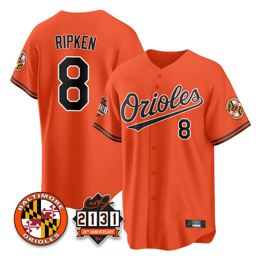 Johmsee B.Orioles #8 Cal Ripken Player Orange 30th Anniversary of 2131 Home Game Stitched Jerseys