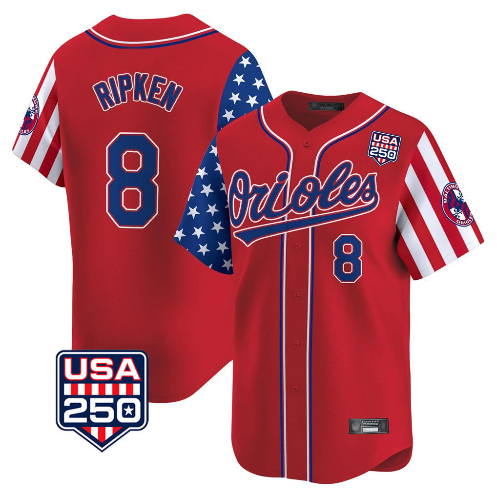 Johmsee B.Orioles #8 Cal Ripken Player Red USA 250 Independence Day Vapor Premier Limited Home Game Stitched Jerseys