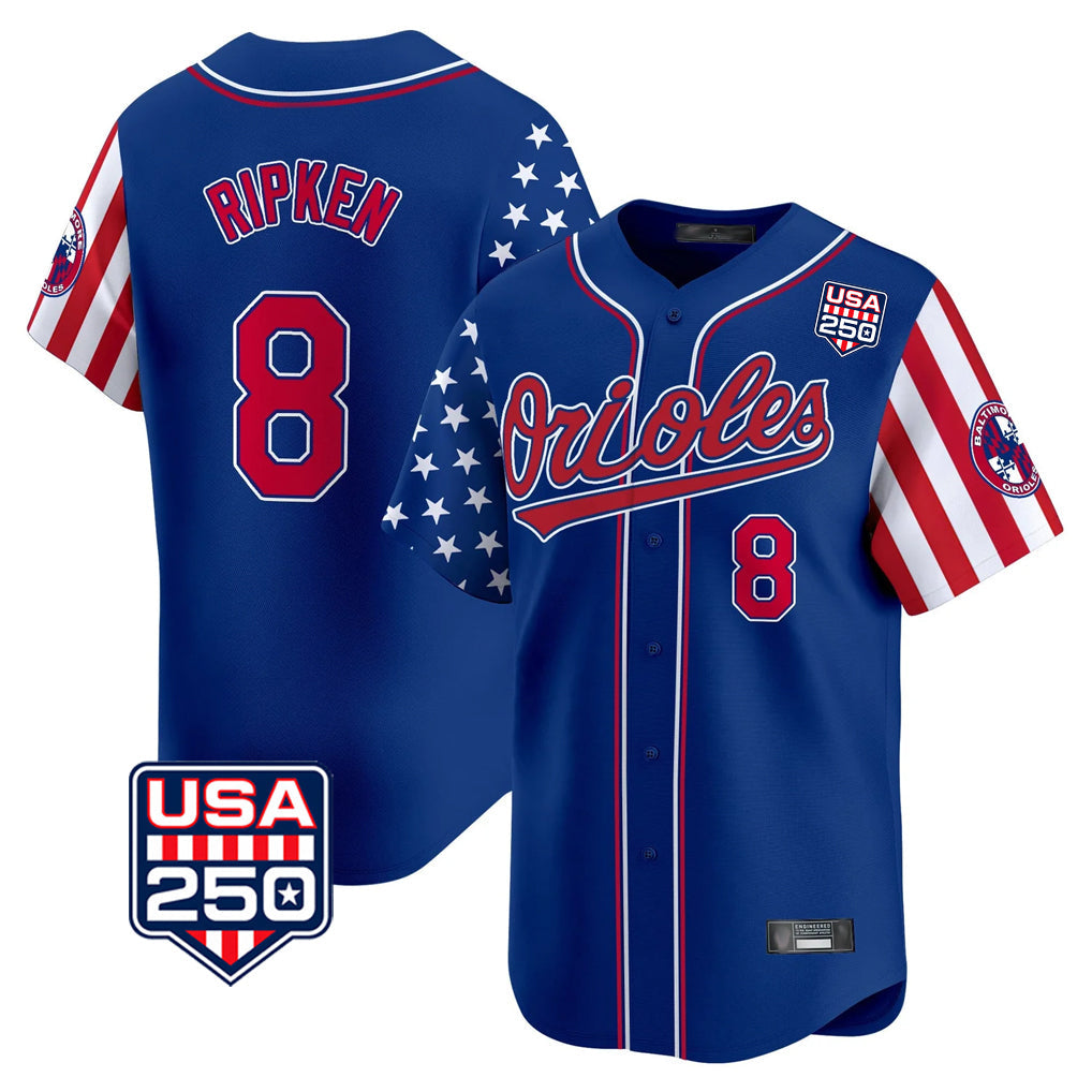 Johmsee B.Orioles #8 Cal Ripken Player Royal USA 250 Independence Day Vapor Premier Limited Home Game Stitched Jerseys